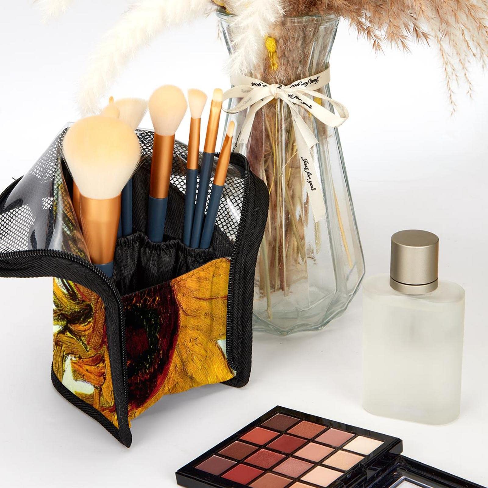12-Piece Makeup Brush Organizer Bag with Yellow Watercolor Sunflowers Design - Portable Cosmetic Brush Holder Case for Travel & Home Vanity Storage