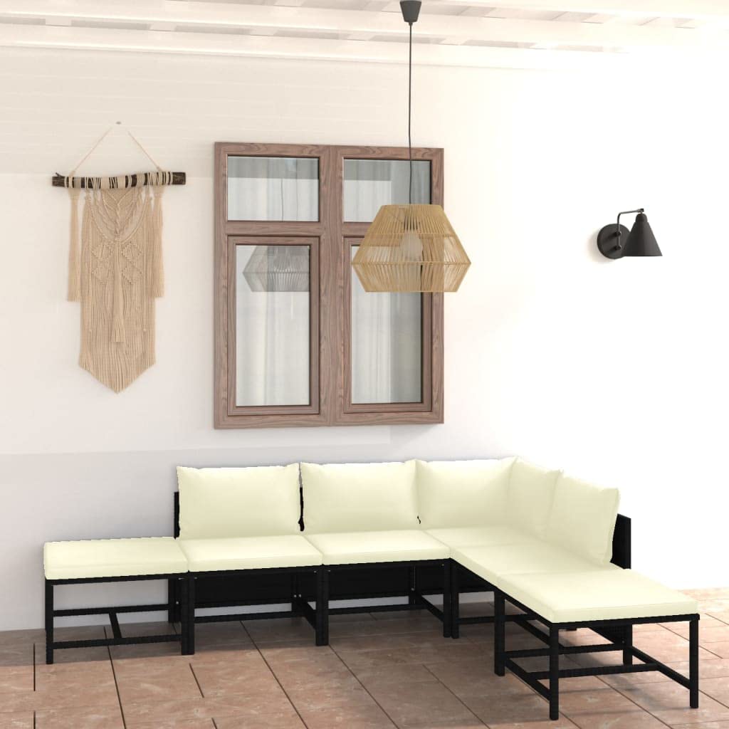 6-Piece Patio Furniture Set - Outdoor Sectional Sofa with Cushions & Footstool, Modern Farmhouse Style Black Poly Rattan - Perfect for Garden, Backyard, Poolside & Patio Relaxation