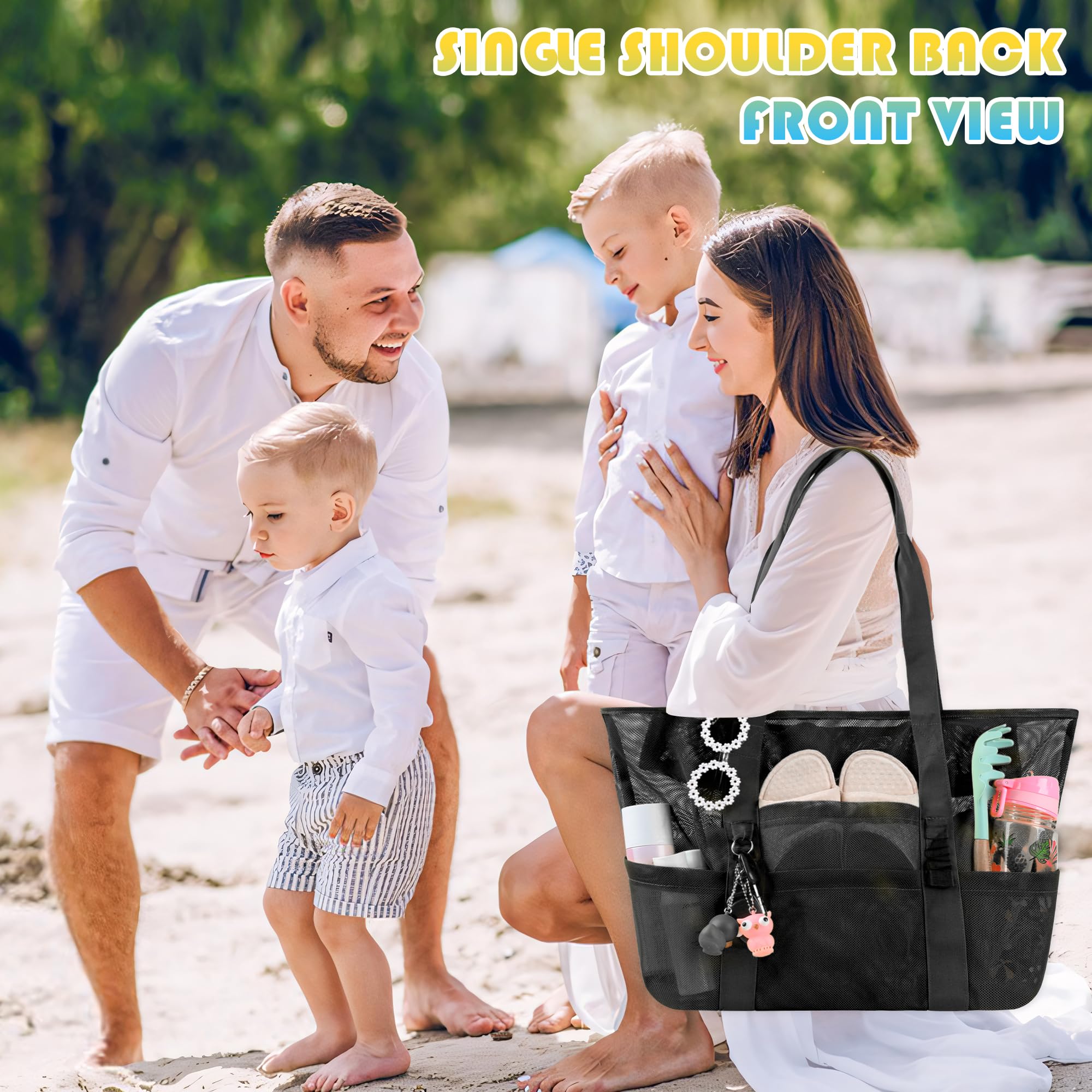 **Large Zippered Beach Tote Bag with 8 Pockets - Lightweight Mesh Sandproof Foldable for Toys, Towels & Essentials - Perfect for Pool, Travel & Outdoor Adventures**