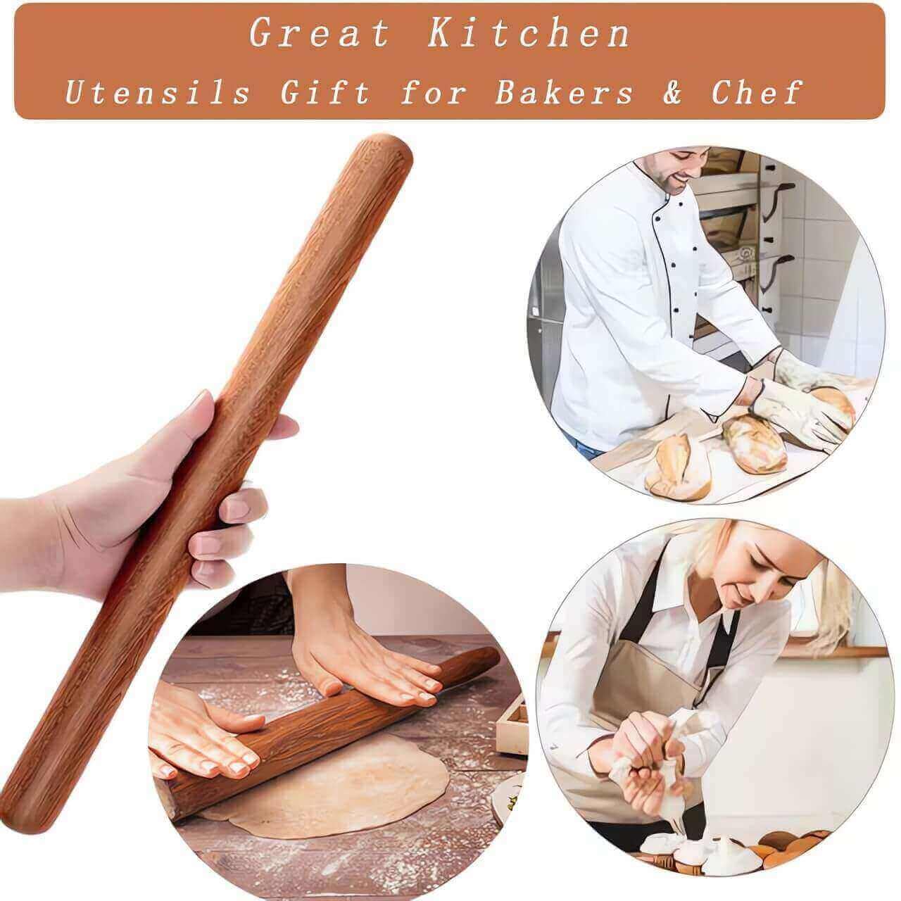 Wooden Rolling Pin & Non-Stick Silicone Baking Mat Set - Premium French Pastry Roller & Dough Mat for Bread, Cookies, Tortillas, Pasta, Pizza - Perfect for Home Baking, Kitchen Essentials & Holiday Cooking Gifts