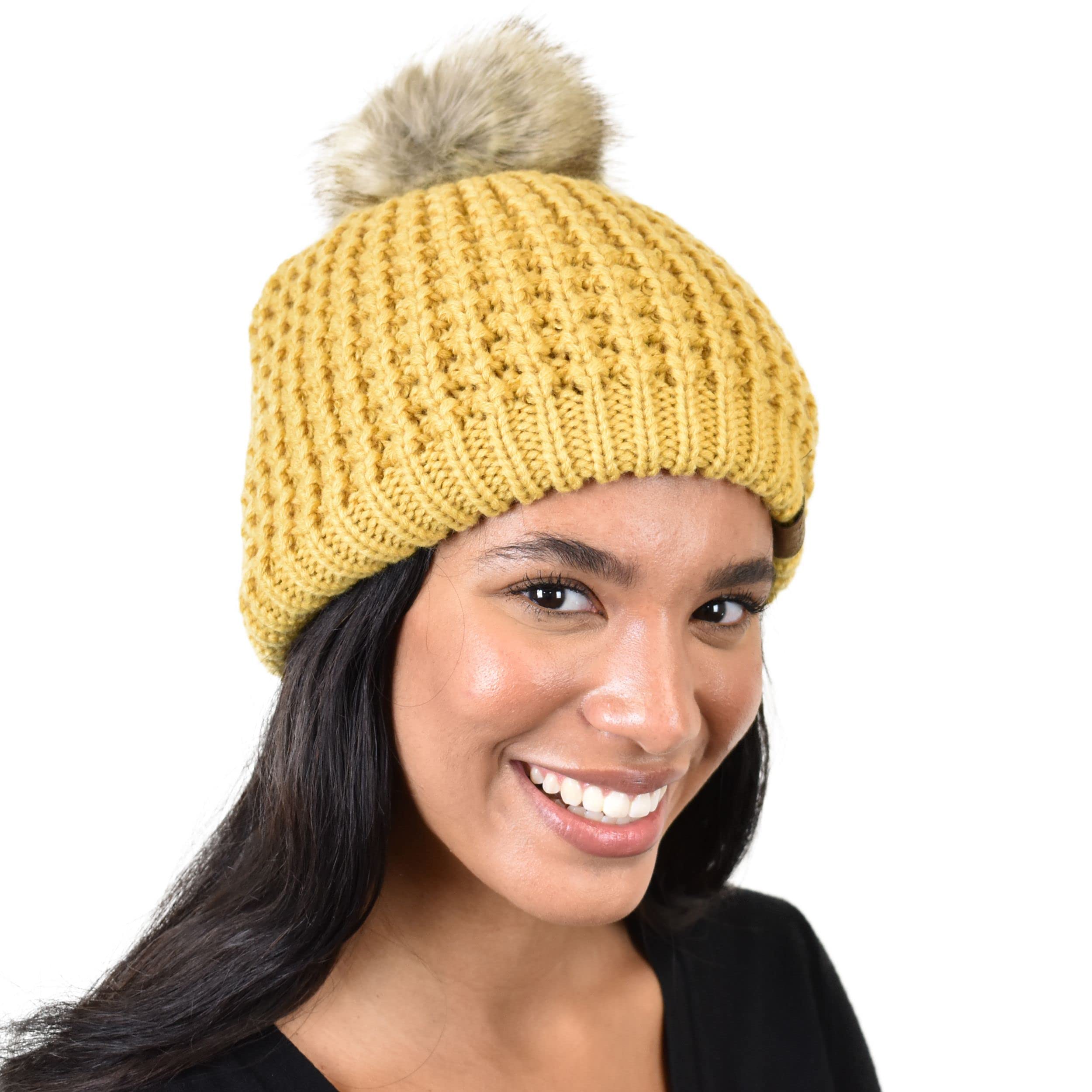 C.C Thick Waffle Knit Fleece Lined Faux Fur Pom Beanie Hat for Women - Winter Warm Fuzzy Knit Hat for Cold Weather, Outdoor Activities & Fashion Accessories