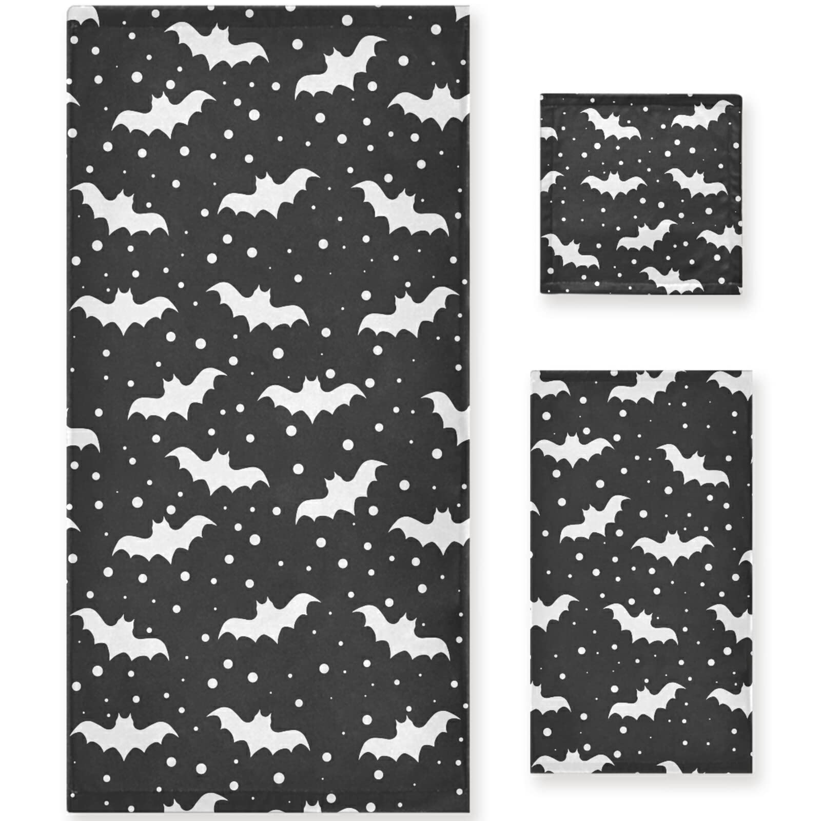 Soft Halloween Black & White Bats Bath Towel Set - 1 Bath Towel, 1 Hand Towel & 1 Washcloth | Perfect for Bathroom Decor, Spa, Beach & Holiday Gift | Cozy Cotton Towels for Home, Hotel & Kitchen Use