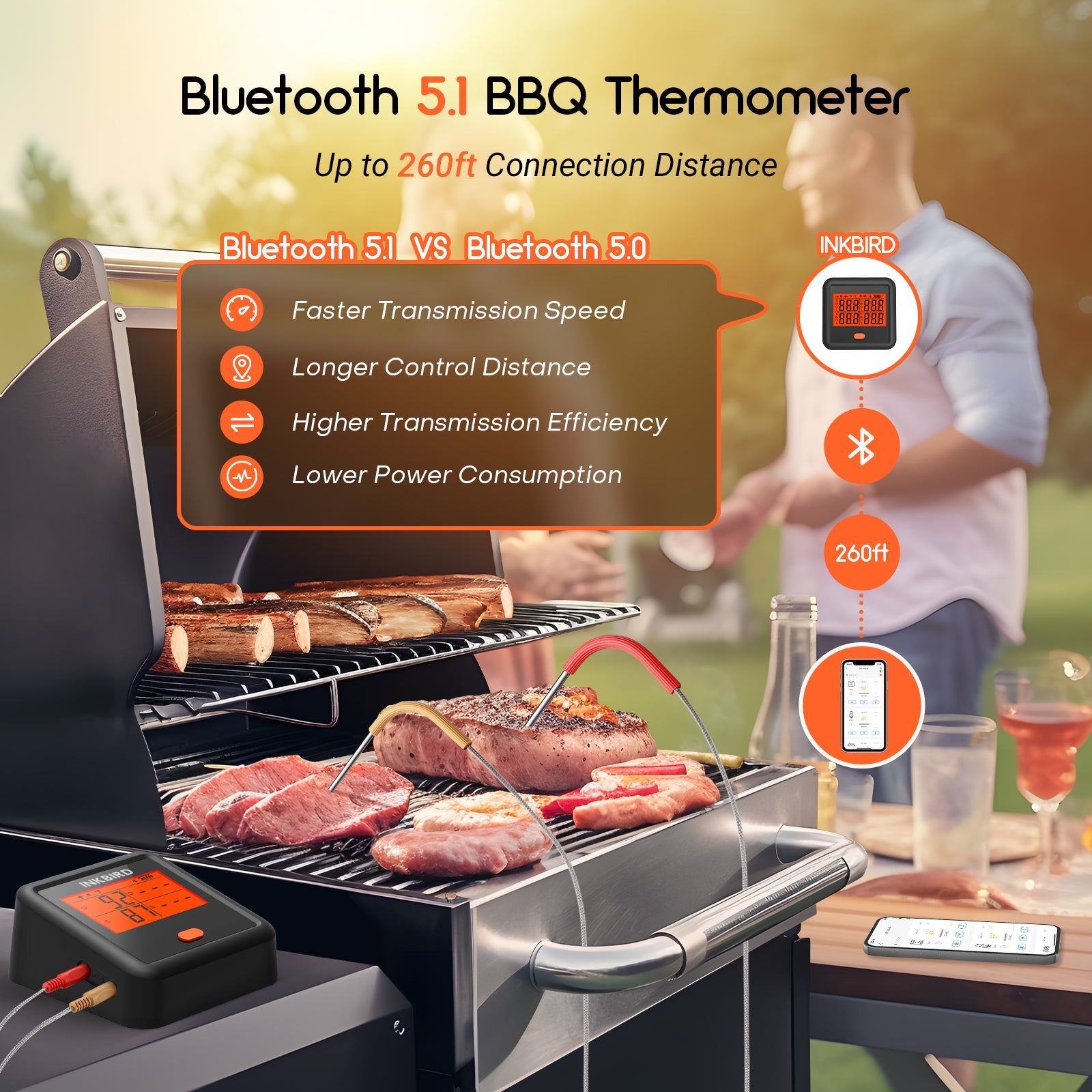 Wireless Bluetooth BBQ Meat Thermometer with Smart App Control - IDT 34c B for Grilling, Smoking, and Outdoor Cooking