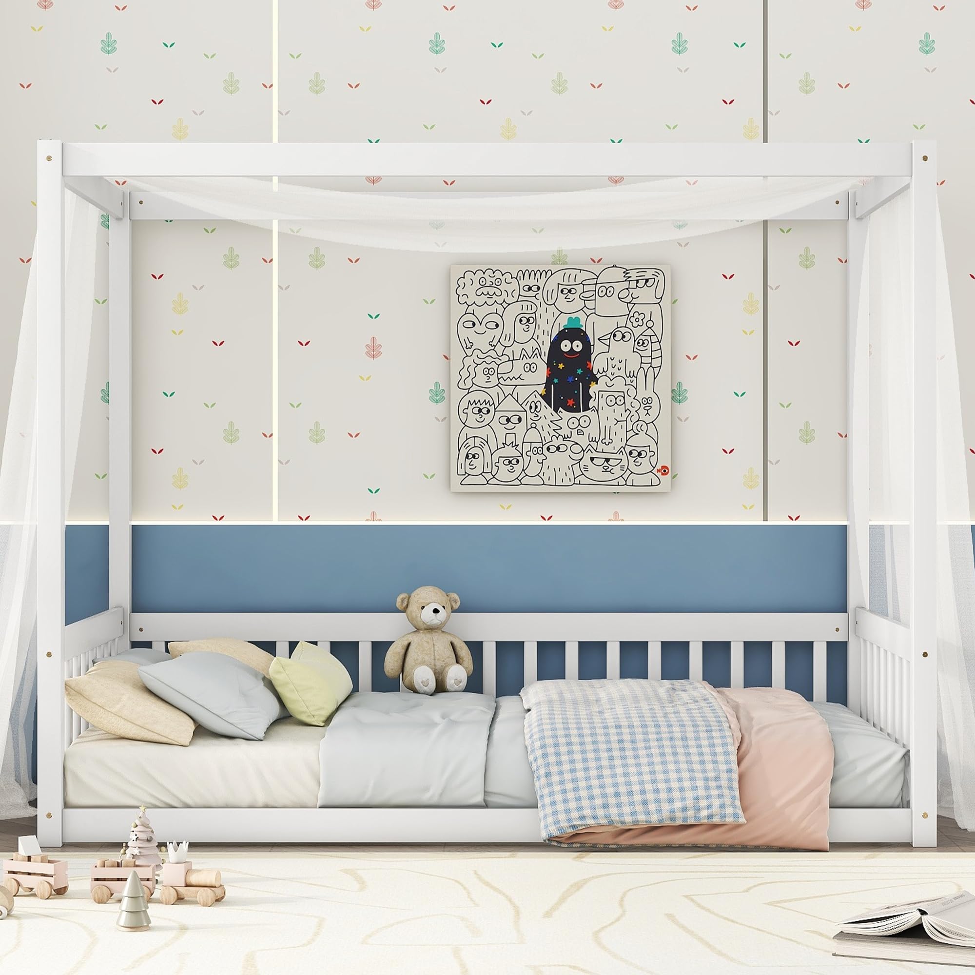 Twin Size Canopy Bed Frame with Guardrails for Kids - Wooden Four Poster Montessori Floor Bed for Girls & Boys (White) - Perfect for Bedrooms, Playrooms & Montessori Learning Spaces