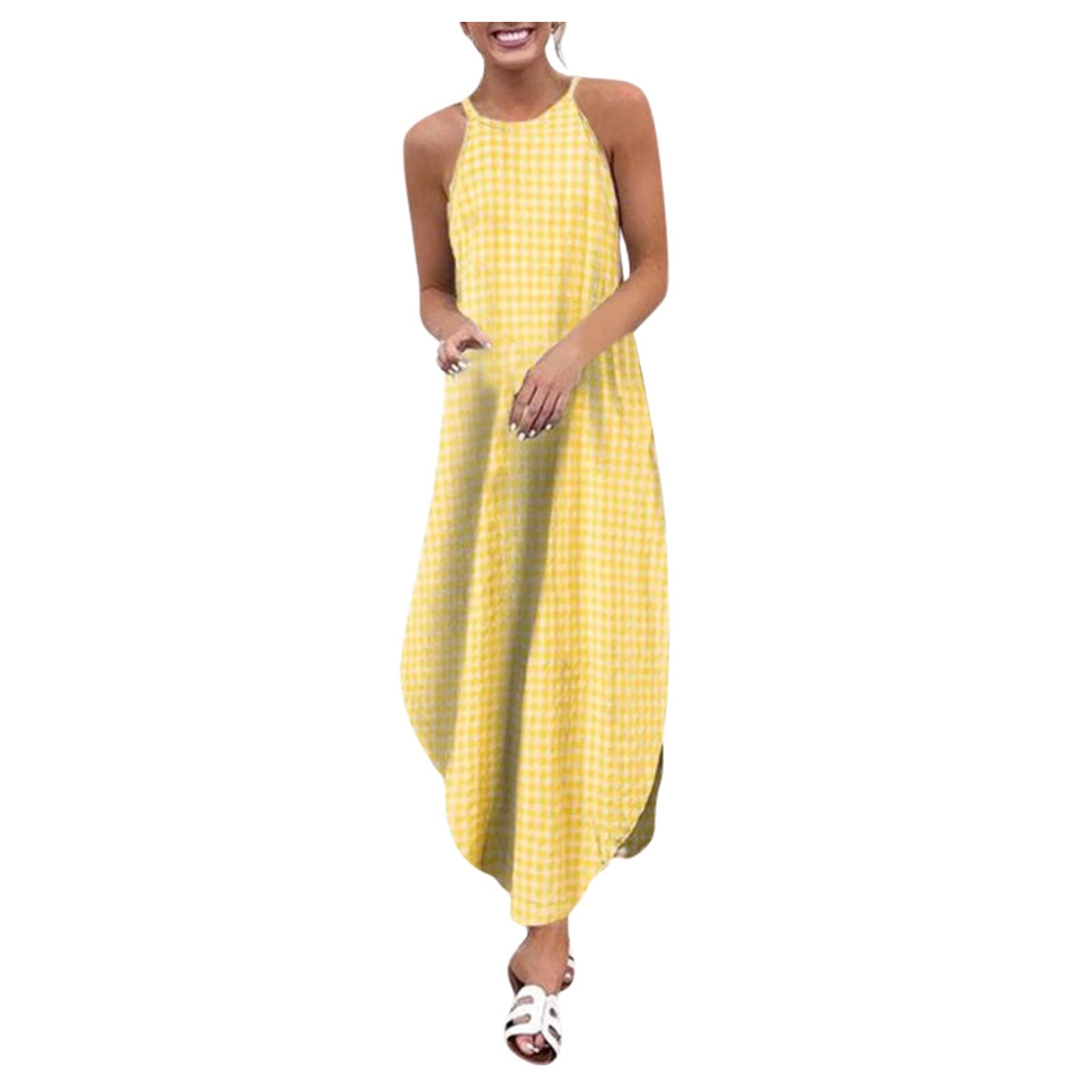 Women's Summer Dresses - Round Neck Plaid Print Sling Dress with Dovetail Hem | Casual Flowy Sundress for Beach, Vacation & Outdoor Activities