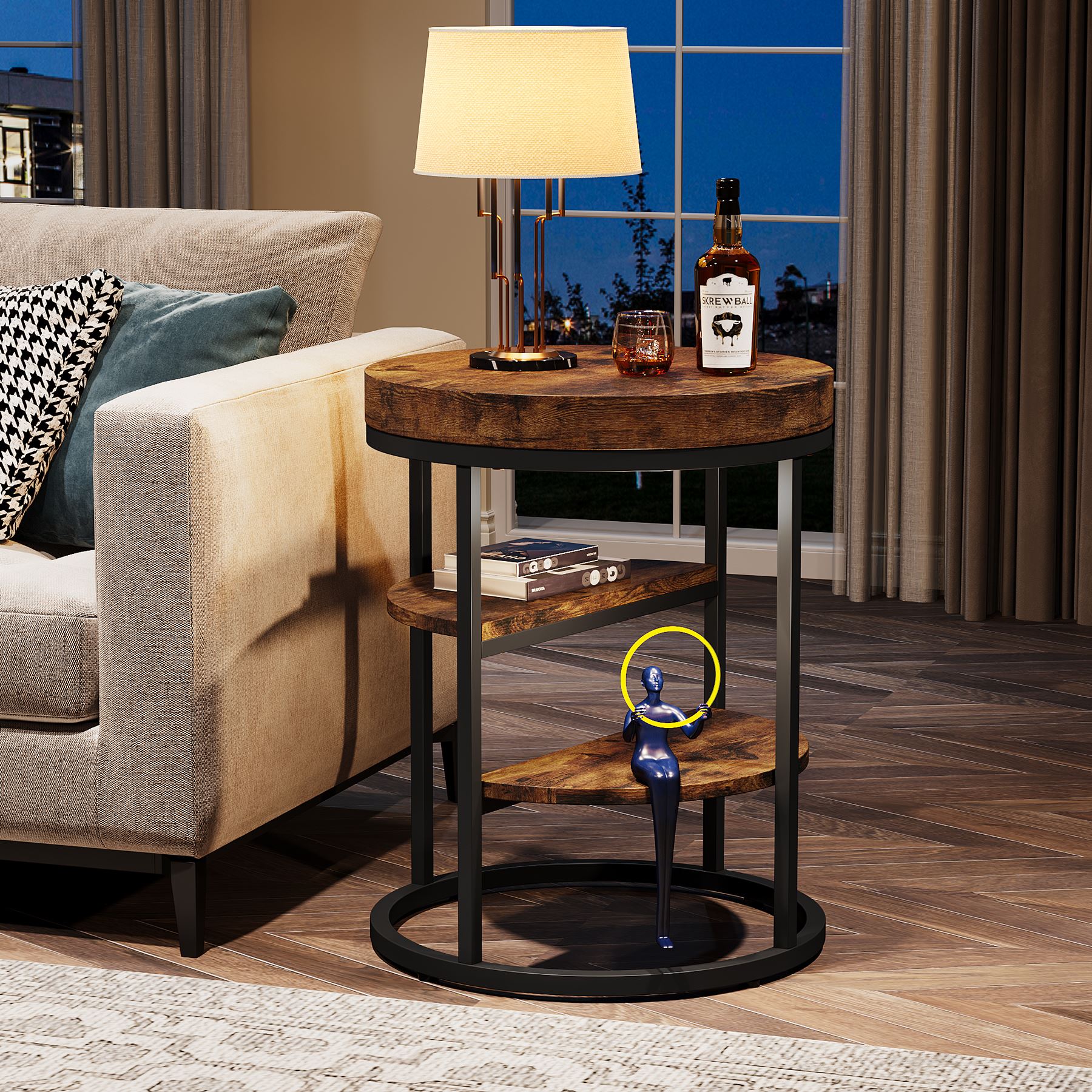 Round End Table with 3-Tier Shelves - Small Side Table & Nightstand for Living Room, Bedroom, or Office - Modern Accent Table with Storage Space