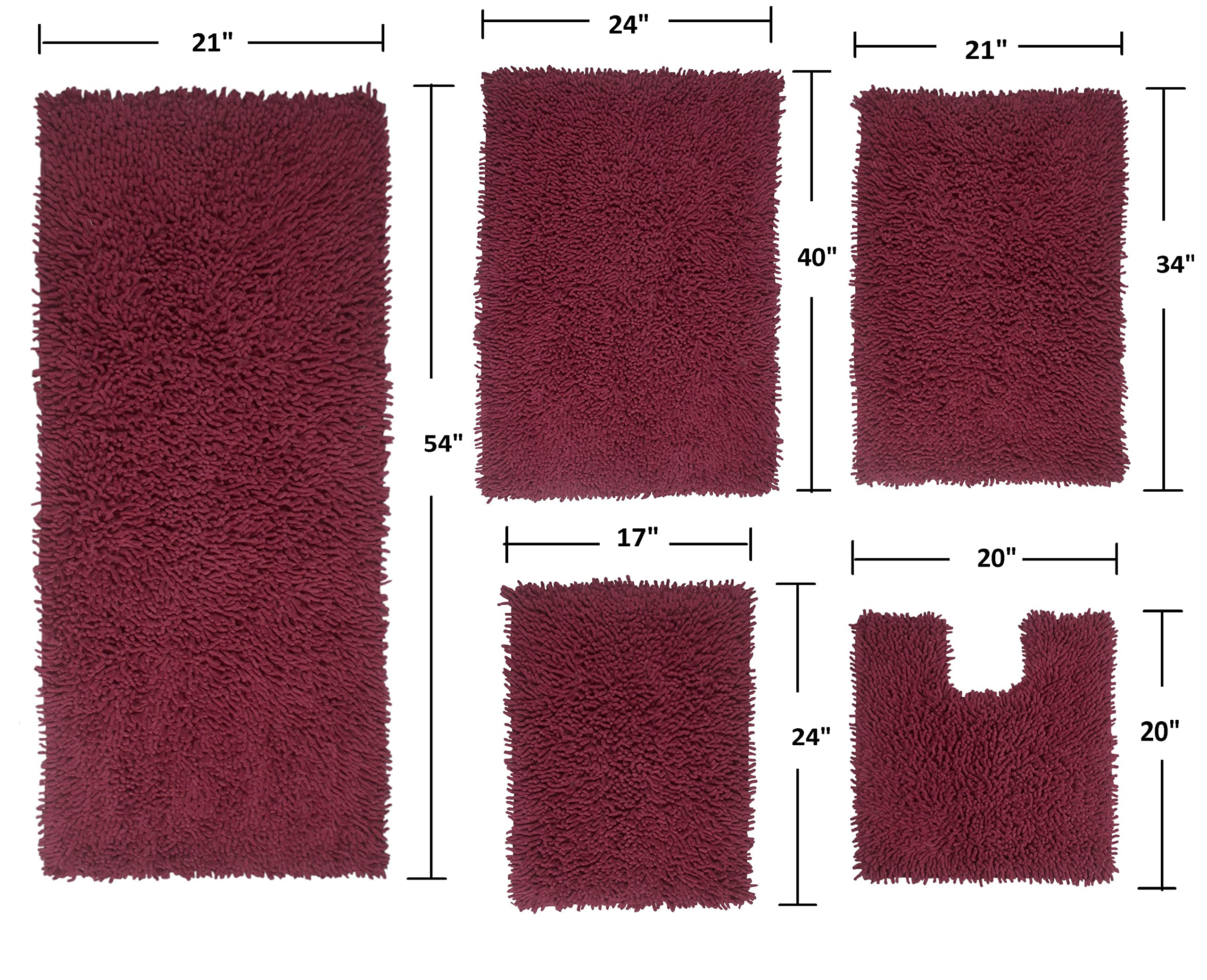 Home Weavers Fantasia 100% Cotton Bath Rug Set - Ultra Soft & Absorbent Non-Slip Bathroom Mats, Washable 5-Piece Set with Contour (Red) - Perfect for Bathroom, Kitchen & High-Traffic Areas