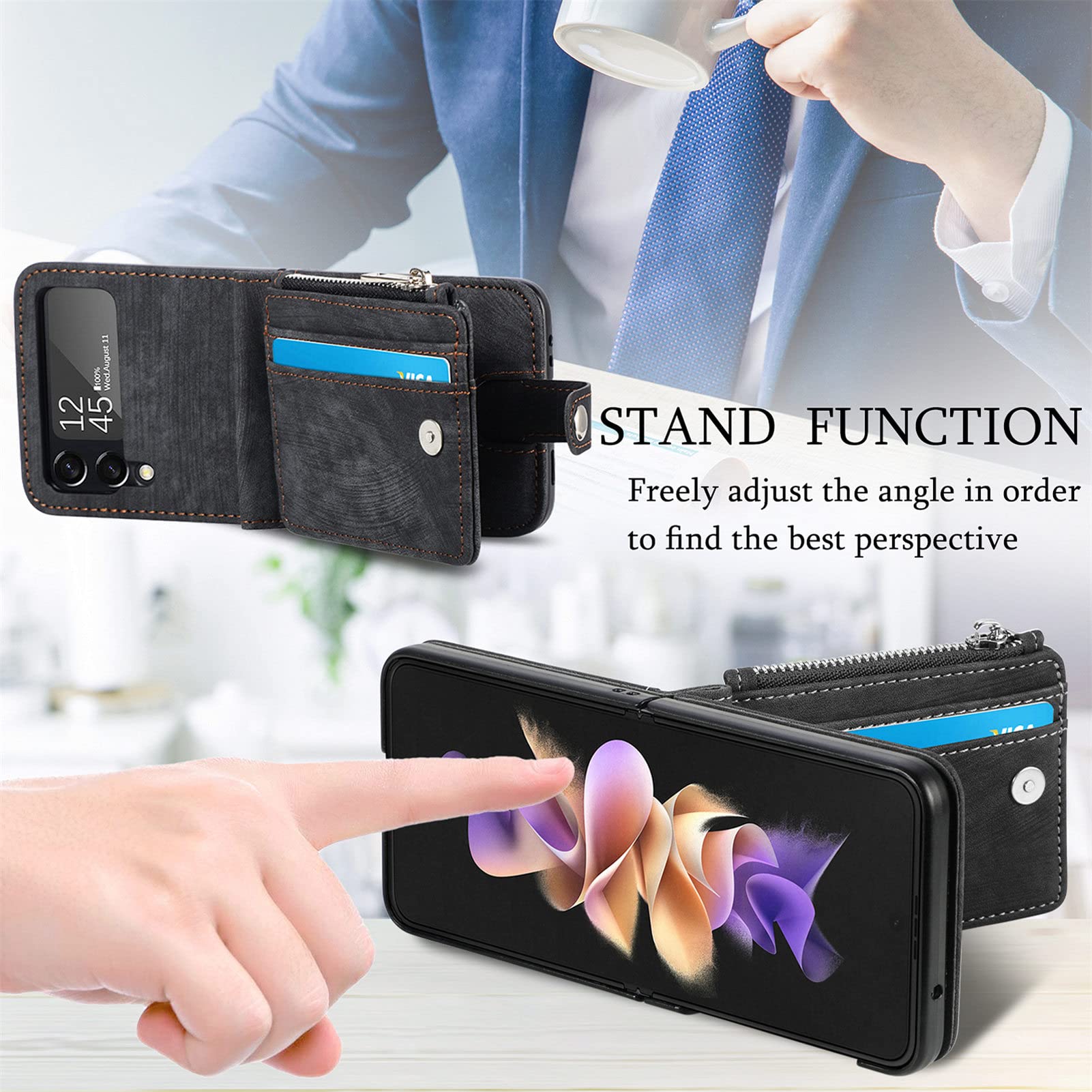 Premium Leather Wallet Case for Samsung Galaxy Z Flip 4 - Detachable Card Holder, Magnetic Kickstand & Shockproof Design | Slim Minimalist Front Pocket Wallet for Men & Women (Black) | Perfect for Everyday Carry, Travel & Business Use