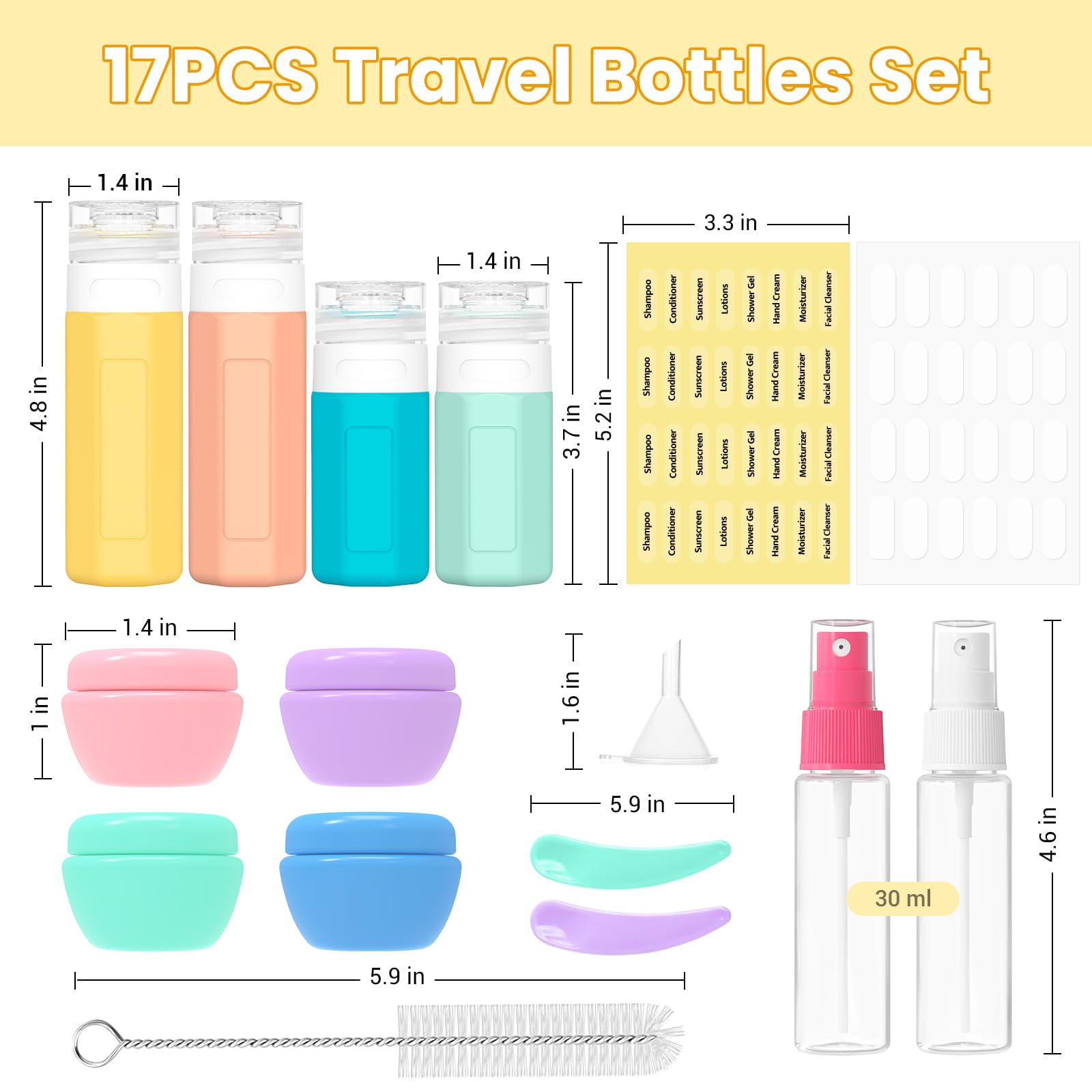 17 Pack TSA Approved Leak Proof Travel Bottles for Toiletries - BPA Free Squeezable Containers for Shampoo, Conditioner, Body Wash & Lotion (Colorful) - Perfect for Air Travel, Gym, Camping & Vacation Essentials