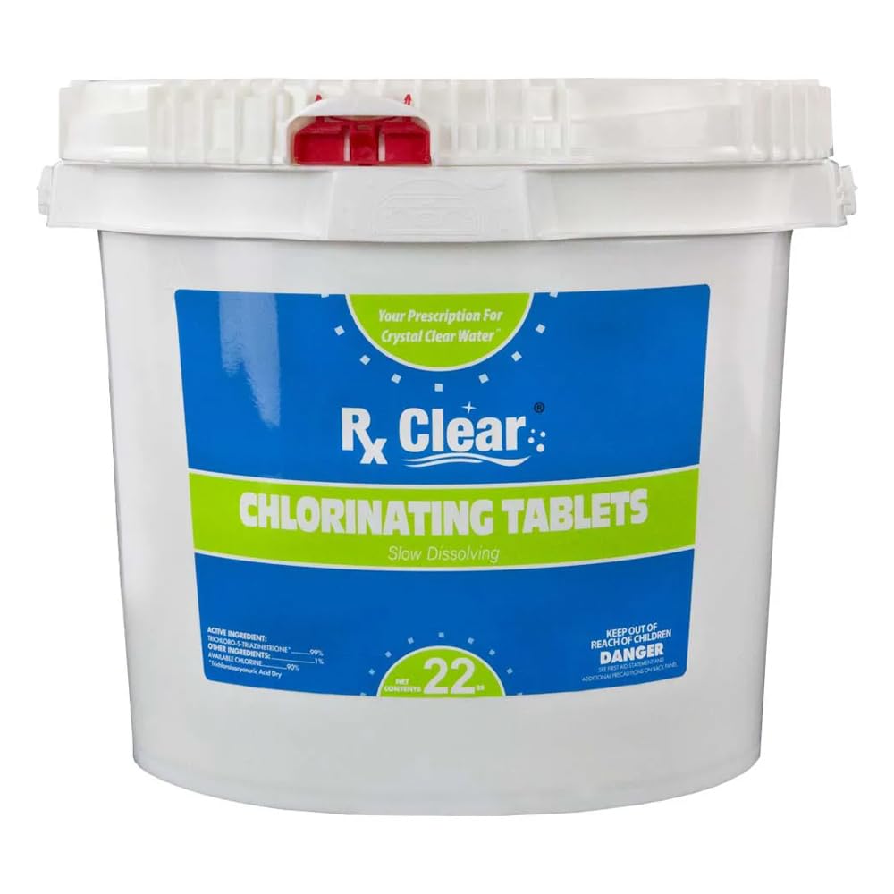 Rx Clear 3-Inch Water Soluble Chlorine Tablets | 22-Pound Bucket for Swimming Pools | Fast-Acting Bactericide & Algaecide | Prevents Algae Growth & Kills Bacteria | Perfect for Weekly Pool Maintenance & Shock Treatments