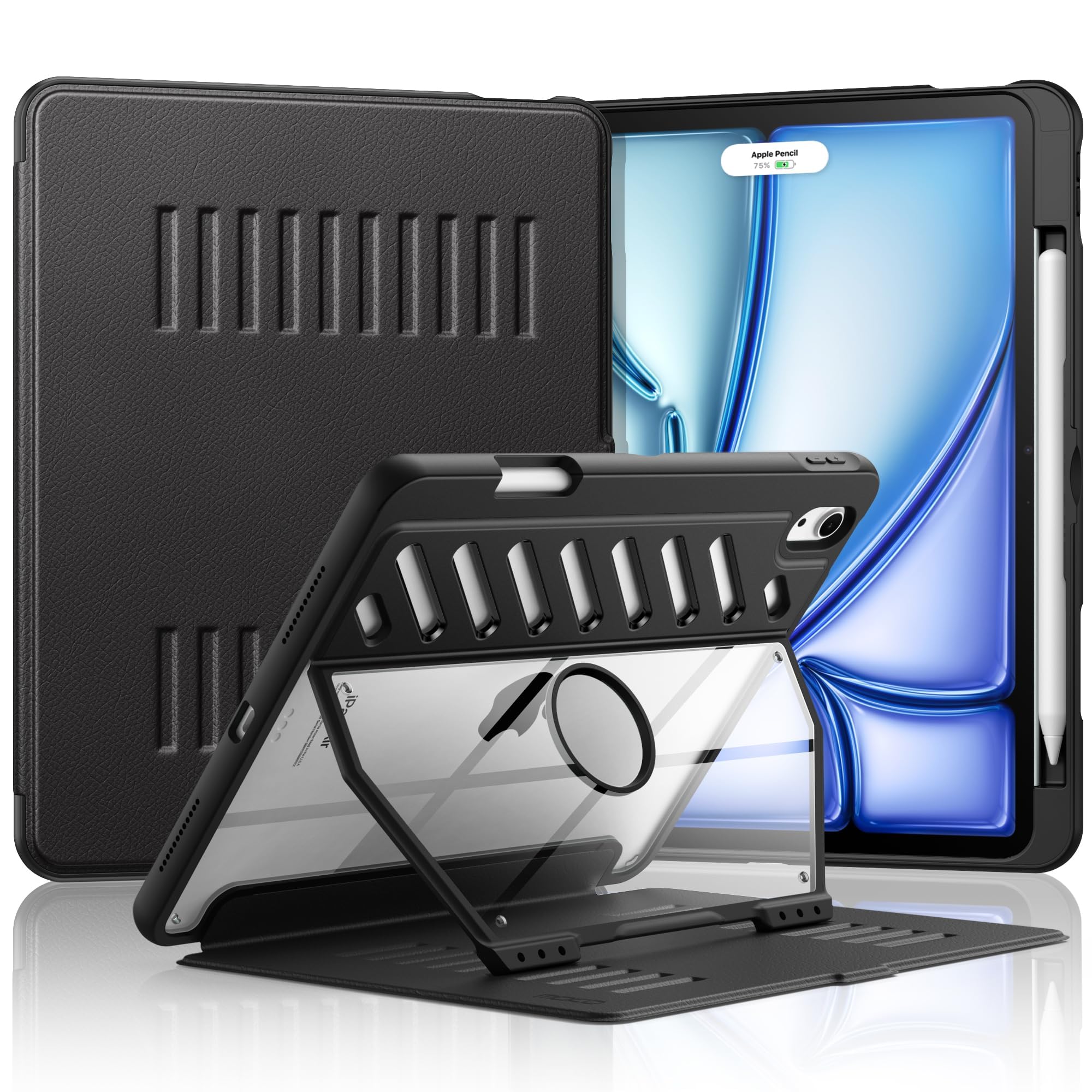 MoKo iPad Air 11 Case (M3 2025/M2 2024) & iPad Air 4/5 10.9 Inch (2020/2022) - Heavy Duty Protective Cover with Pencil Holder, 10 Strong Magnetic Angles, Shockproof & Rugged Design - Perfect for Work, Travel & Outdoor Use - Black