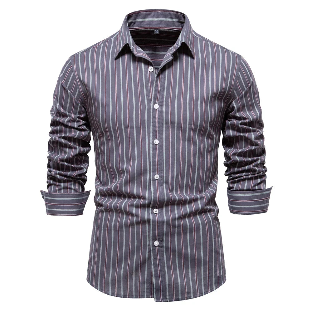 100% Cotton Striped Long Sleeve Button Down Shirt for Men - Classic Business Casual Wear for Office, Dating & Social Events | Fall Fashion Essential