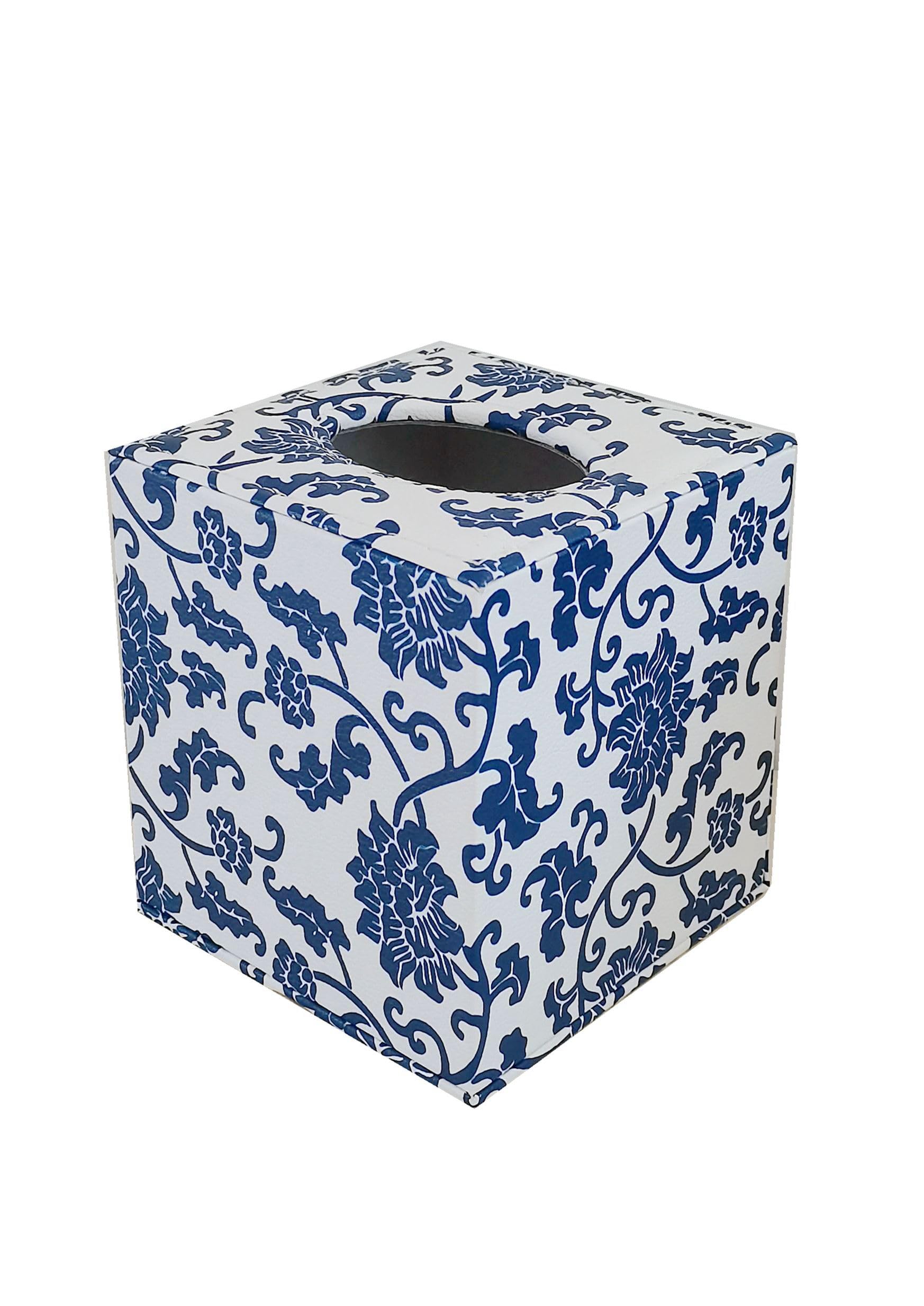 Faux Leather Tissue Box Cover with Flower Pattern - Square Blue and White Porcelain Style Home Decor | Perfect for Living Room, Bedroom & Bathroom Organization