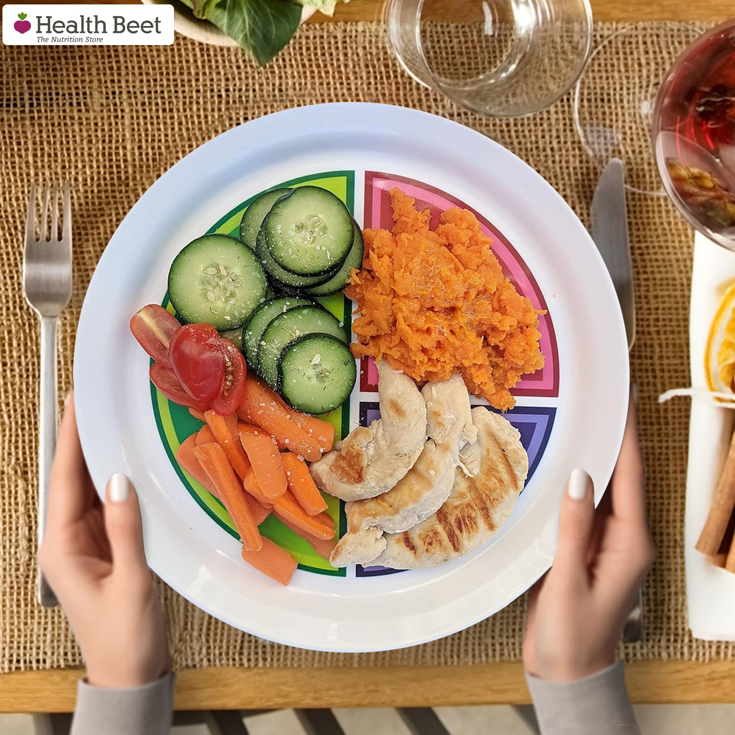 Health Beet 10” Macro Diet Portion Control Plate for Balanced Eating - 3 Section Bariatric Plate for Veggies, Carbs & Protein - Microwave & Dishwasher Safe - Perfect for Weight Loss, Meal Prep & Healthy Eating for Adults & Kids - 1 Pack