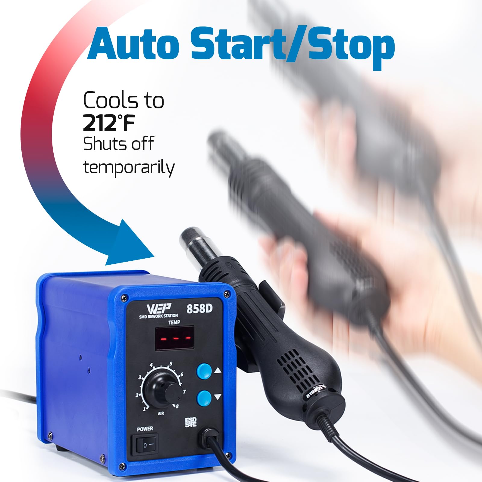 WEP 858D Digital Hot Air Rework Station with Temperature Control & Adjustable Air Flow - 3 Nozzles for SMD Soldering, PCB Repair, and Electronics DIY Projects