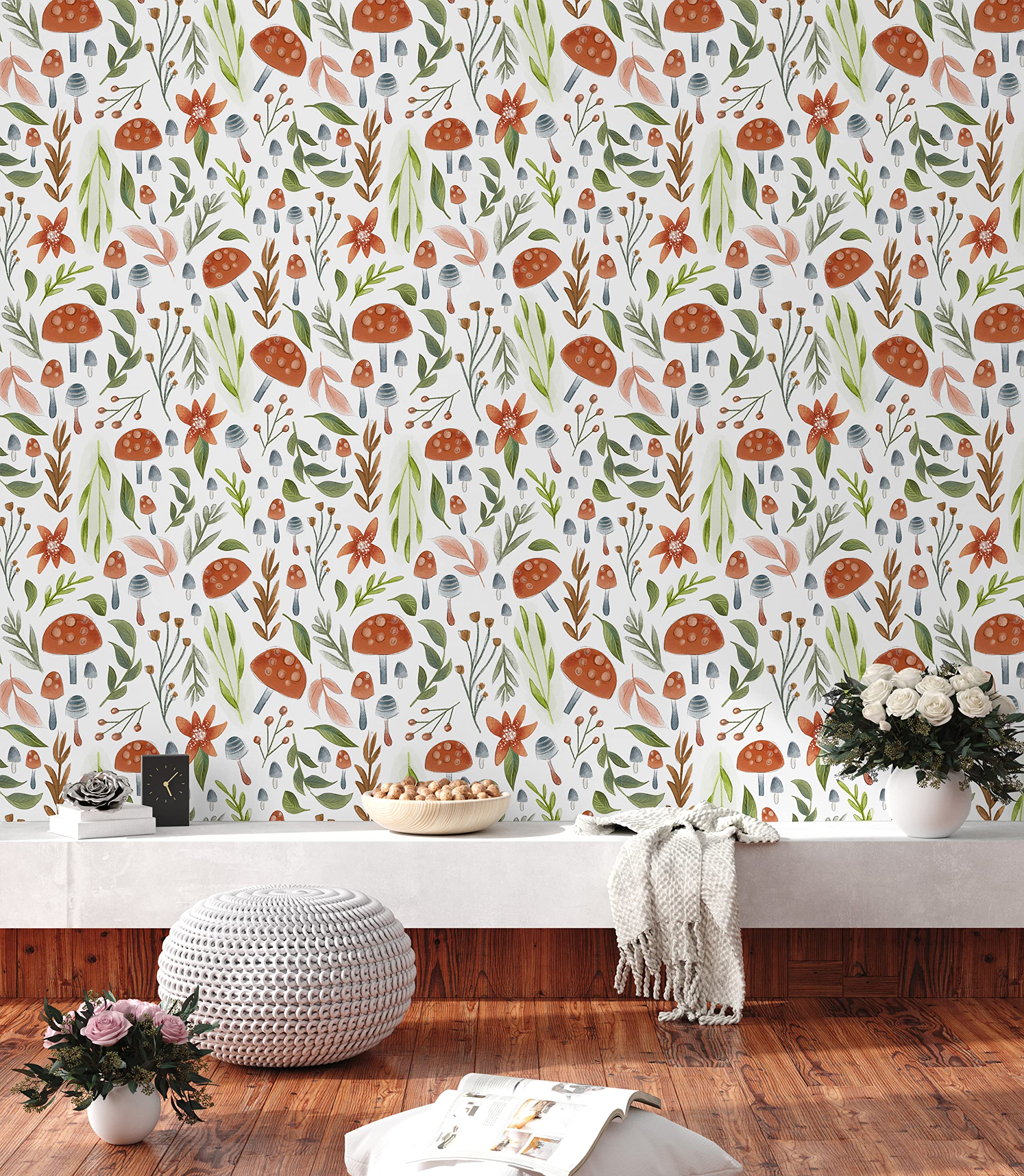 Boho Mushroom Peel and Stick Wallpaper - Removable Self-Adhesive Wallpaper for Bathroom, Bedroom, Kitchen & Nursery - Floral Contact Paper for Cabinets, Accent Walls & Home Decor - 17.7