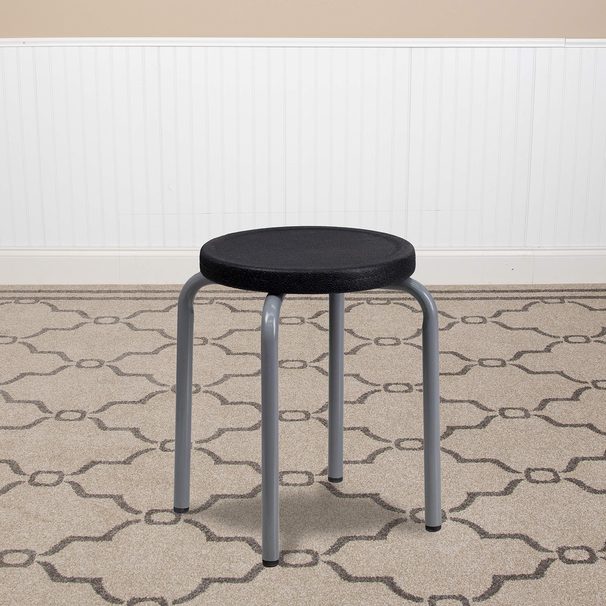 Stackable Stool with Black Seat & Silver Powder Coated Frame - Durable Metal Bar Stool for Kitchen, Dining Room, or Outdoor Patio Use