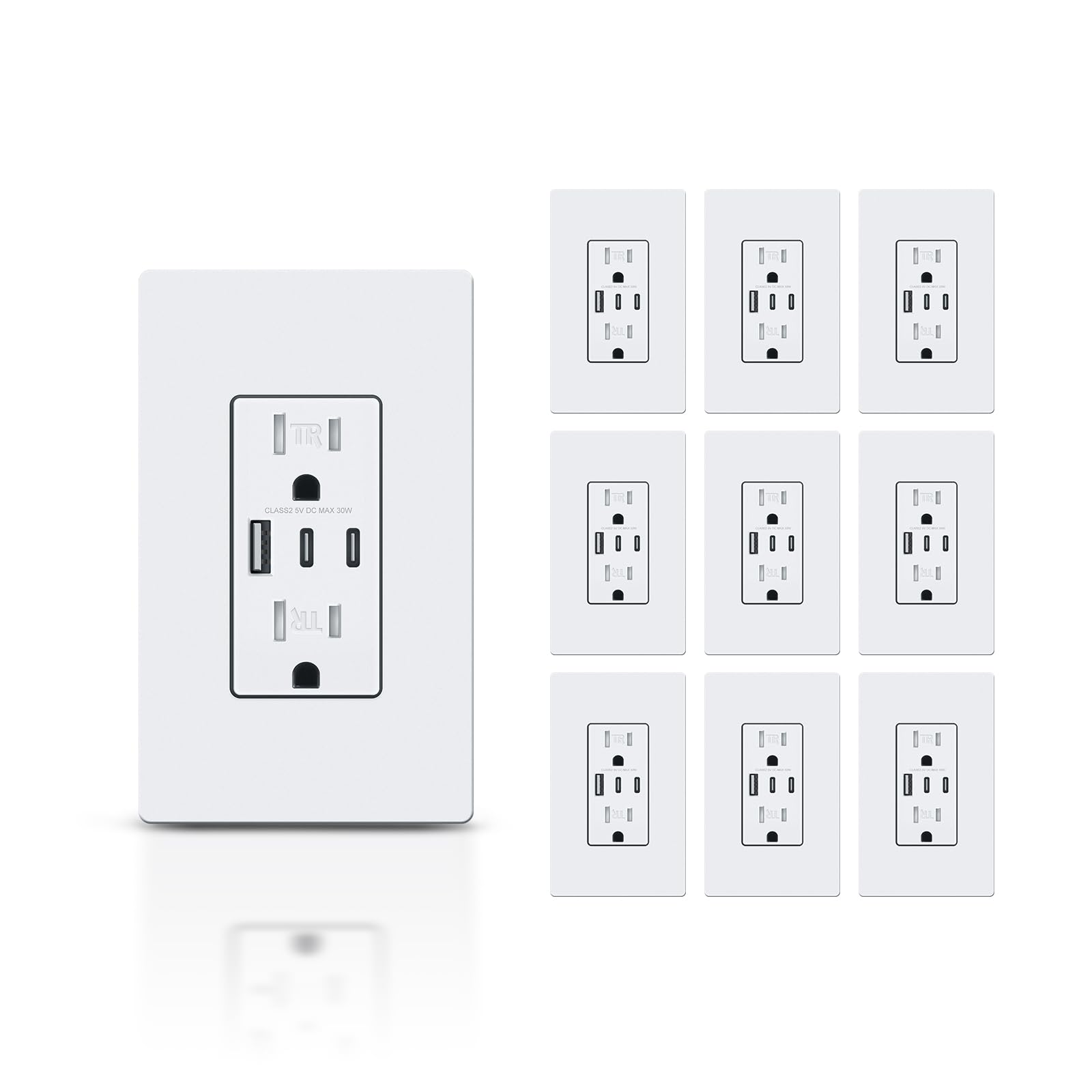 30W 6.0A USB C/A Wall Outlet Charger with Tamper-Resistant Duplex Receptacle - NEMA 5-15R, ETL & FCC Certified, Includes Screwless Wall Plate (10-Pack, White) - Perfect for Home, Office & Hotel Room Charging Stations