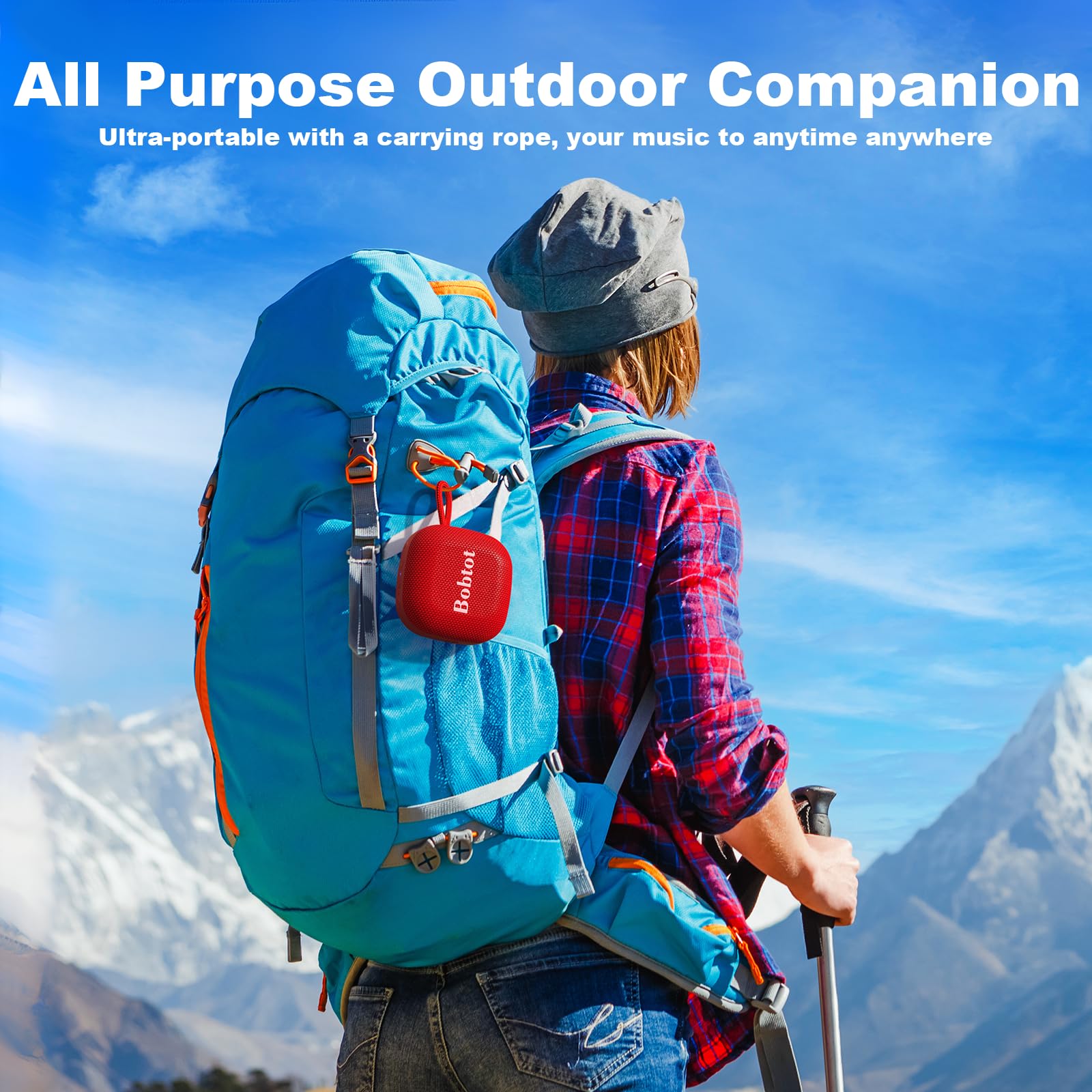 Bobtot Portable Bluetooth Speaker - IPX7 Waterproof, 16H Playtime, 10W Stereo Sound, TWS, Built-in Mic, Mini Size with Lanyard, Red - Perfect for Shower, Outdoor, and Travel