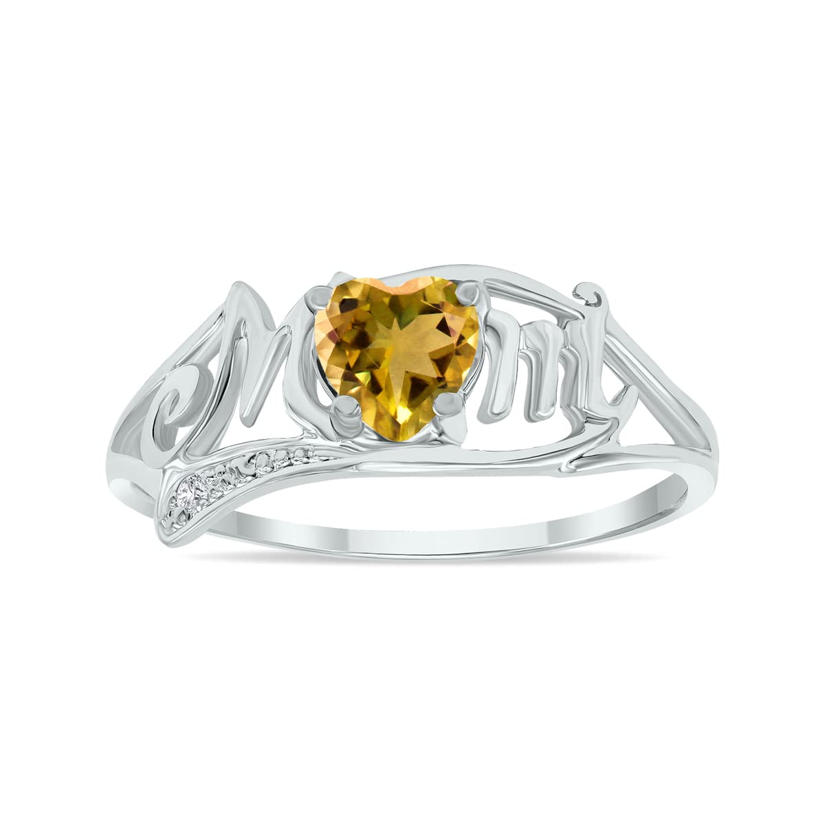 10K White Gold Genuine Gemstone & Diamond Heart MOM Ring - Amethyst, Citrine & More | Perfect Gift for Mother's Day, Birthday & Anniversary