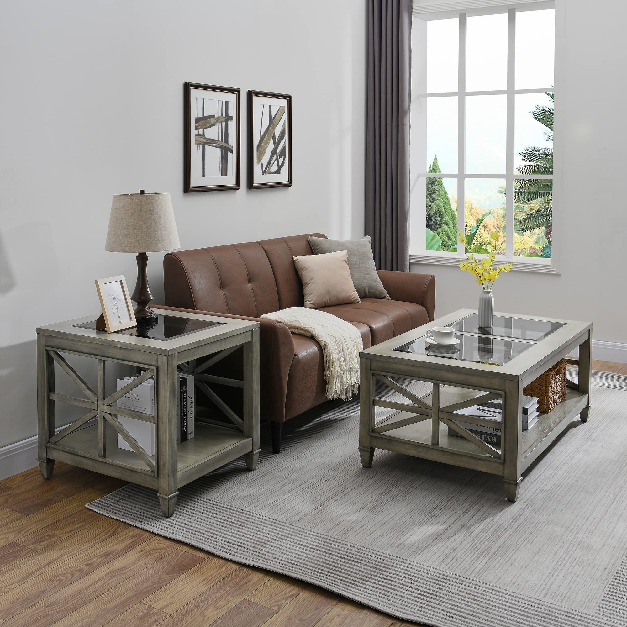 LEEMTORIG Gray Wash Solid Wood Glass End Table - Modern Farmhouse Side Table with Storage Shelf, Rustic Bedroom Nightstand (22.5