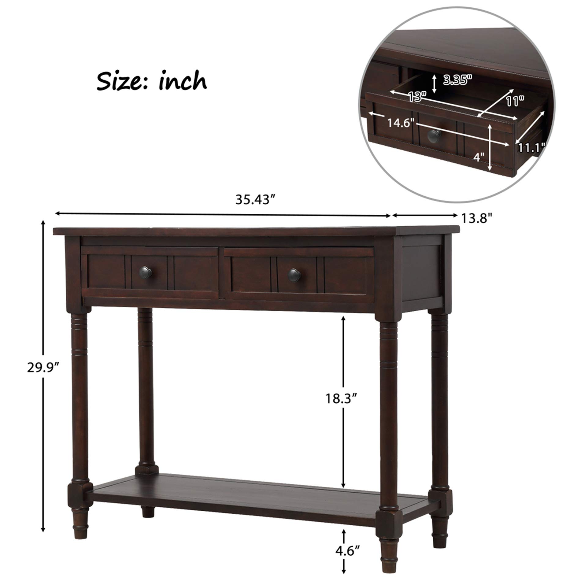 Antique Style Wooden Sofa Table with 2 Drawers & Bottom Shelf - Dark Espresso Console Table for Living Room, Entryway & Hallway | P PURLOVE Home Decor Furniture
