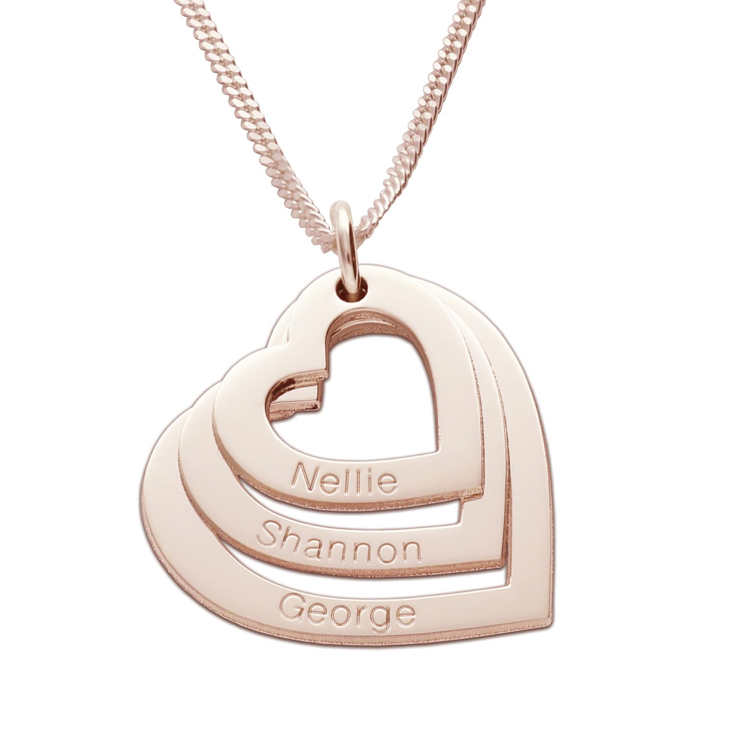 9ct Rose Gold Personalized Three Hearts Pendant Necklace with Gift Box - Custom Engraved Name Necklace for Women, Perfect for Anniversary, Valentine's Day & Mother's Day Gifts
