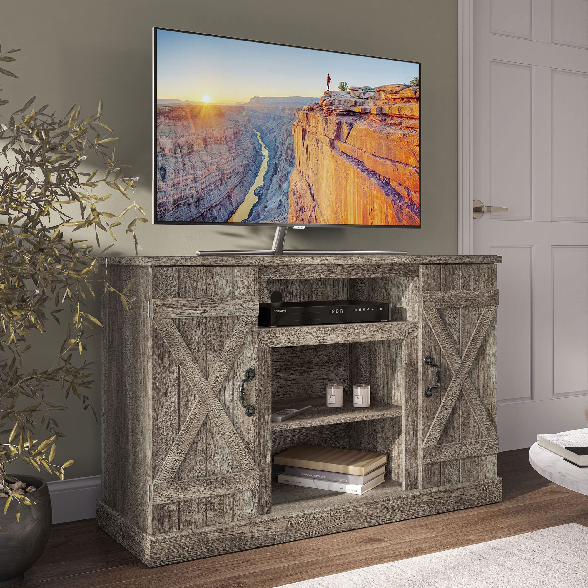 BELLEZE 47 Inch TV Stand & Media Entertainment Center - TV Cabinet with Storage for TVs up to 50 Inch, Console Table with Open Shelves & Cabinets - Ashland Pine Finish - Perfect for Living Room, Bedroom & Home Theater Setup