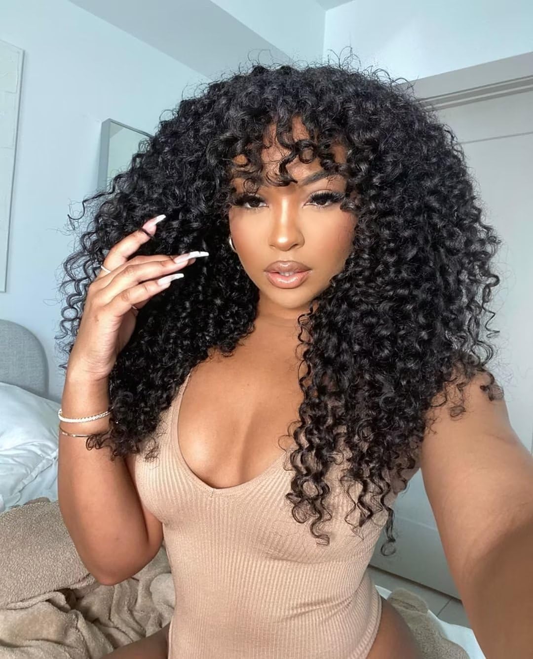CLASSINE 24 Inch Brazilian Human Hair Wig for Women - Curly Glueless Lace Front Wig with Bangs, Natural Black Hair Replacement for Daily Wear & Cosplay