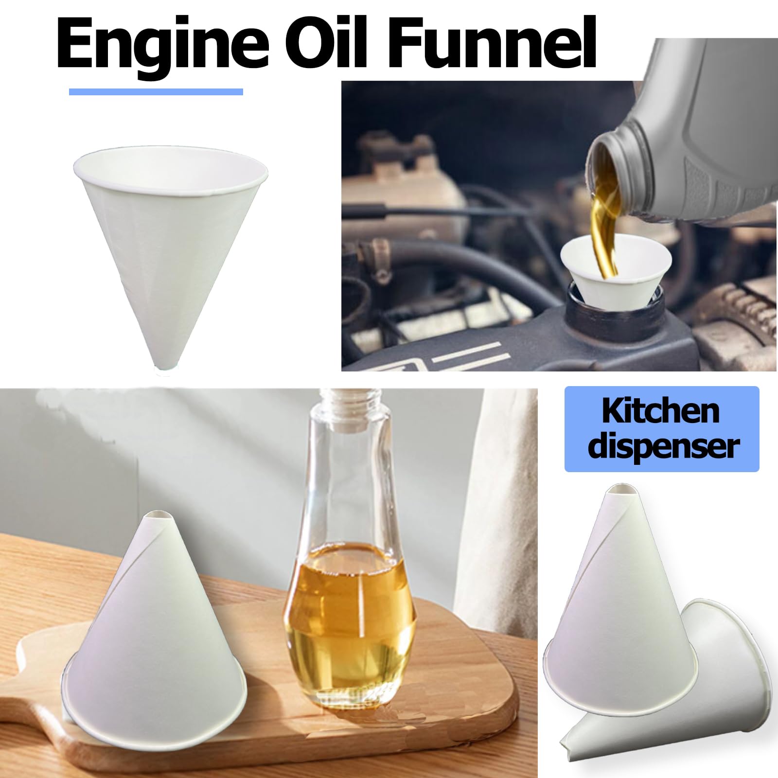 100 Pcs Disposable Paper Funnels 6oz - Motor Oil Funnel for Engine, Kitchen, Bottle Filling - Leak-Proof & Eco-Friendly - Perfect for DIY Auto Repair, Cooking, and Crafting