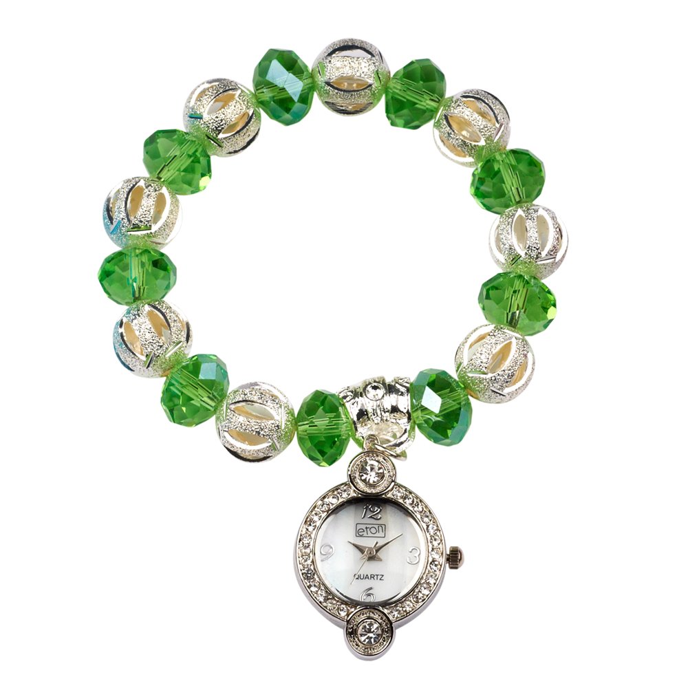 Eton Charm Watch for Women - Adjustable Elastic Silver & Lime Beaded Bracelet - Fashion Quartz Analog Wristwatch - Perfect for Daily Wear, Office & Casual Outfits