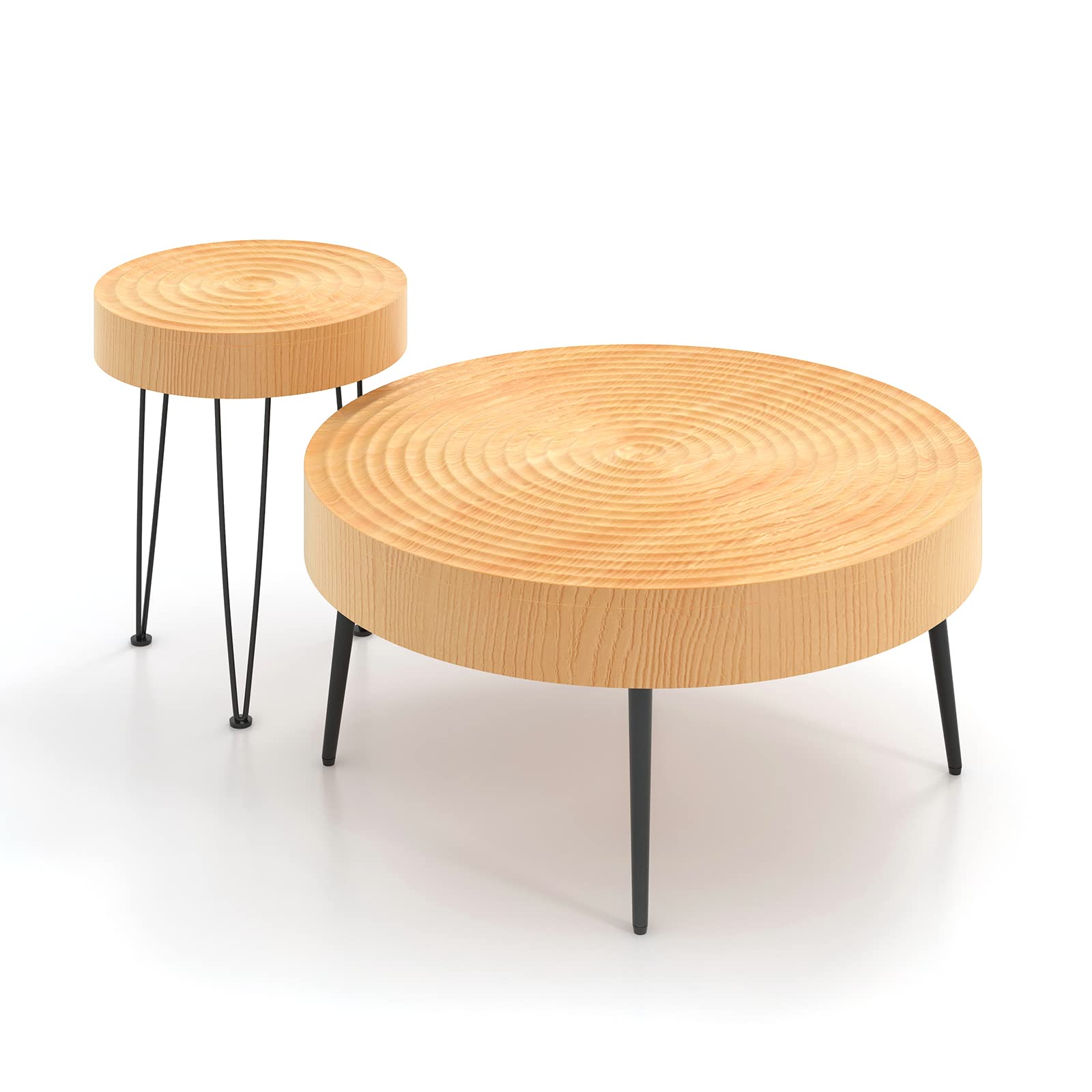GOFLAME Round Coffee Table Set of 2 - Farmhouse Boho End Tables with Natural Wood Finish & Wood Ring Design, Solid Wood Nesting Side Tables with Sturdy Metal Legs & Adjustable Foot Pads - Perfect for Living Room, Bedroom, Dorm or Office Decor