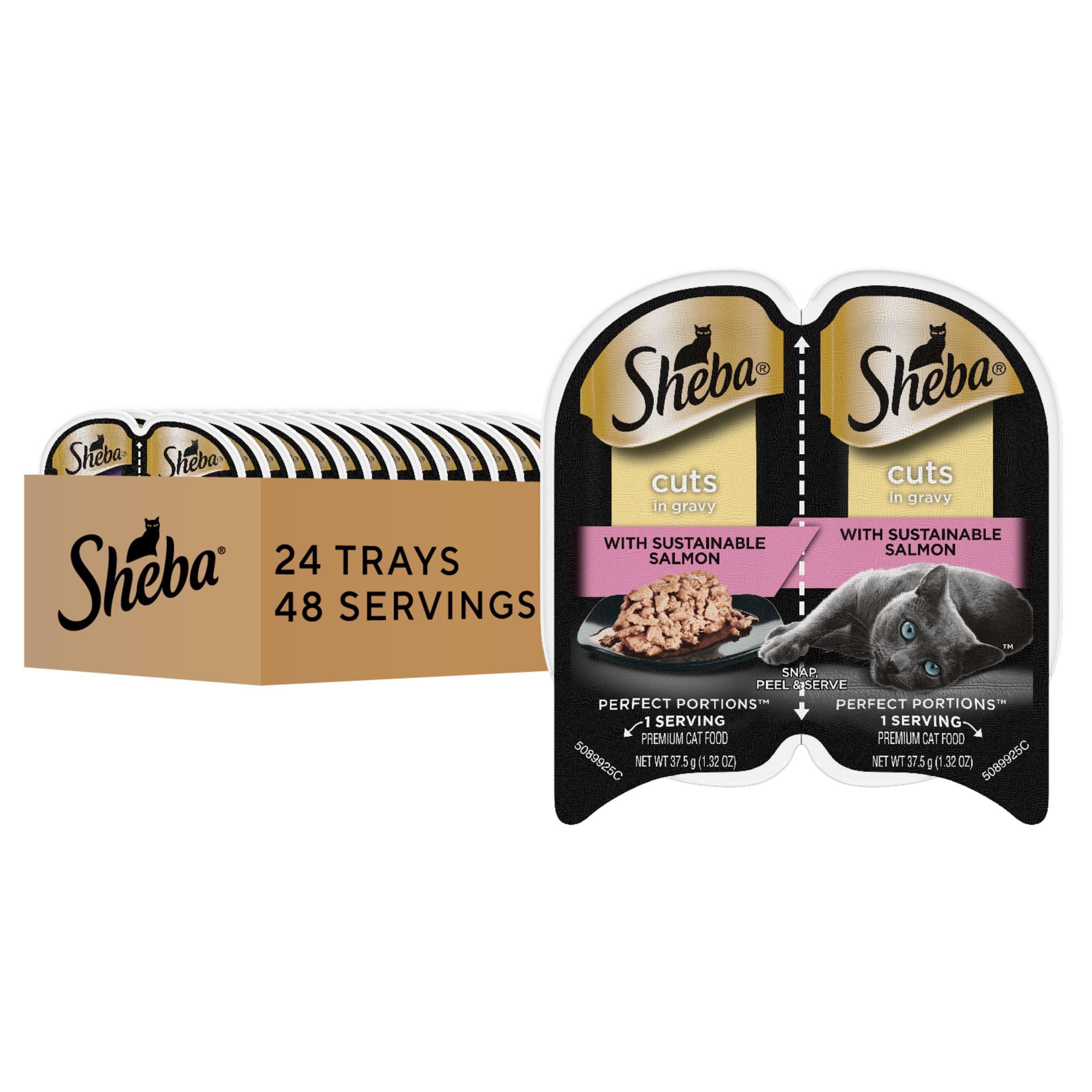 Sheba Perfect Portions Wet Cat Food - Sustainable Salmon in Gravy, 2.6 oz Twin-Pack (24 Trays, 48 Servings) | Delicious & Nutritious Meal for Adult Cats | Perfect for Daily Feeding & Special Treats