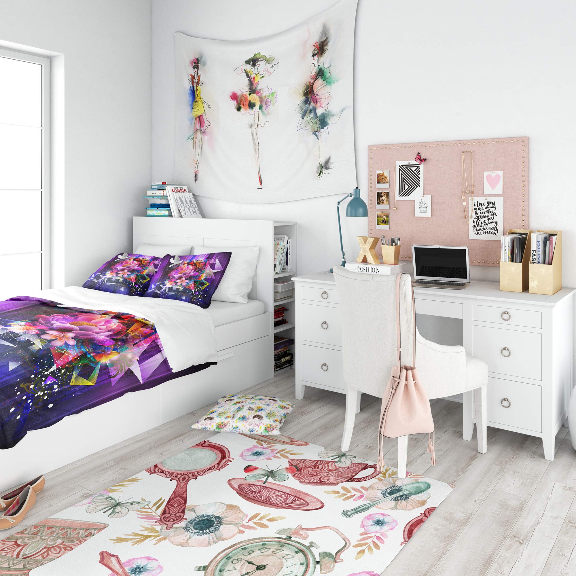 DesignQ Purple Abstract Floral Duvet Cover Set with Dove Nautical Coastal Design - Queen Size 3-Piece Bedding Set for All Seasons | Perfect for Beach House, Coastal Decor & Boho Chic Bedrooms