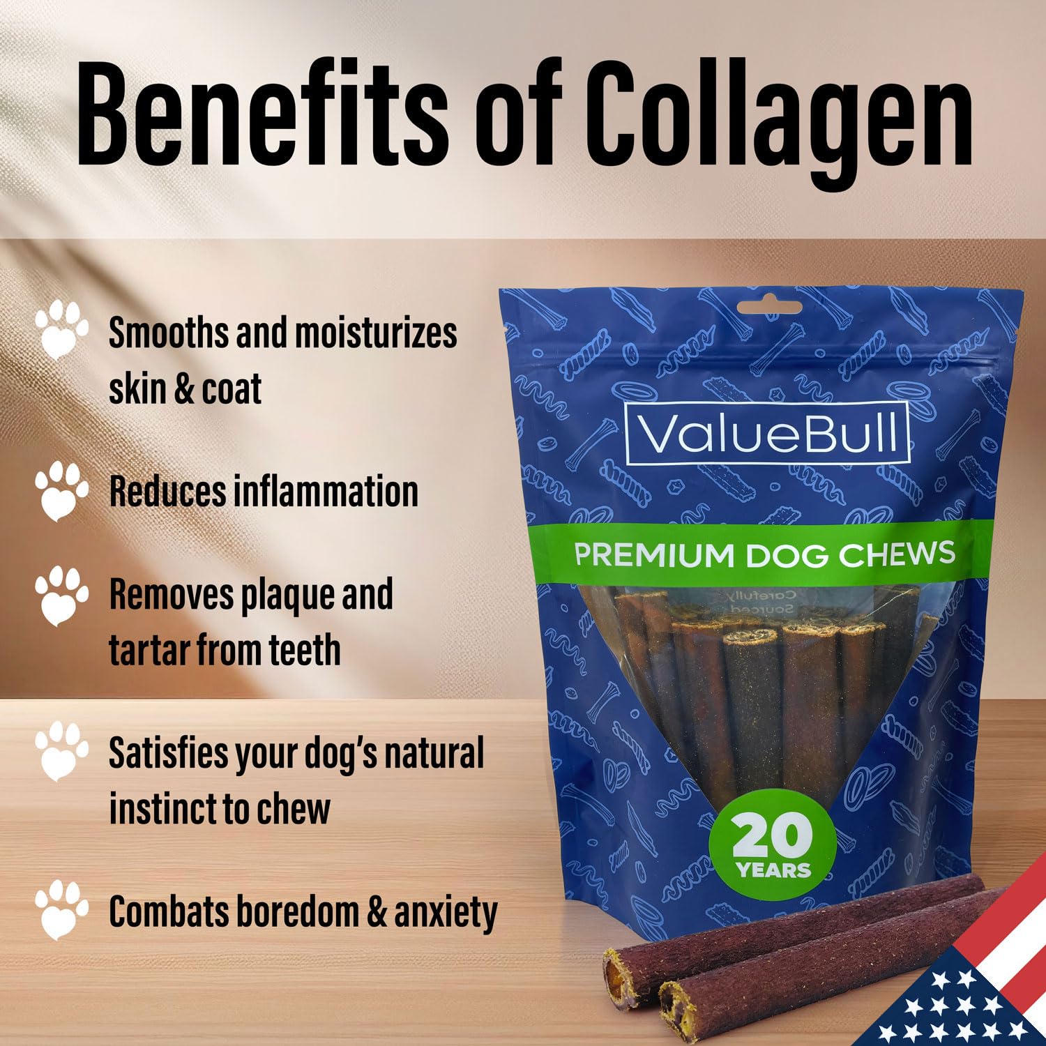ValueBull USA 6-Inch Super Jumbo Collagen Sticks for Dogs - 25 Count | Natural Single-Ingredient Chew Treats | Healthy Alternative to Bully Sticks & Rawhide | Supports Hip & Joint, Skin & Coat Health | Long-Lasting Dental Chews for Medium & Large Dogs | Perfect for Training, Teething & Anxiety Relief