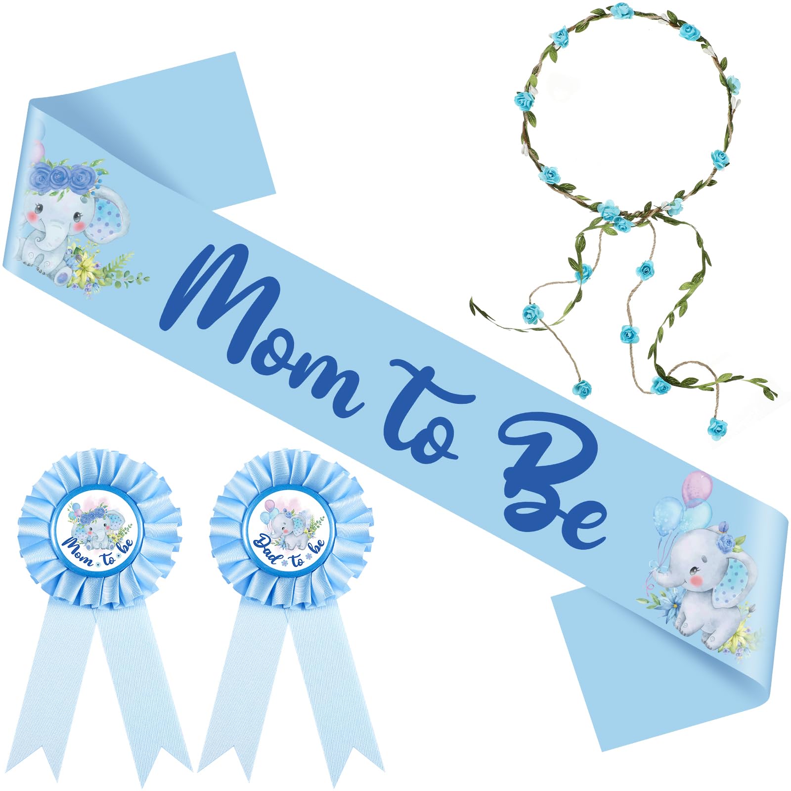 Chunful Elephant Theme Baby Shower Sash Set - Mom to Be Sash & Dad to Be Pin with Flower Crown - Gender Reveal Party Decorations - Baby Shower Favors for Boys & Girls - Pregnancy Props Gift (Blue) - Perfect for Gender Reveal Parties, Baby Showers & Maternity Photos