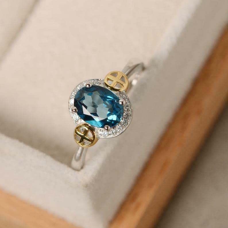 1.4ct Oval Cut London Blue Topaz Celtic Cross Halo Ring - BeBold White Gold Plated Jewelry for Women, Wedding, Anniversary & Gift Occasions