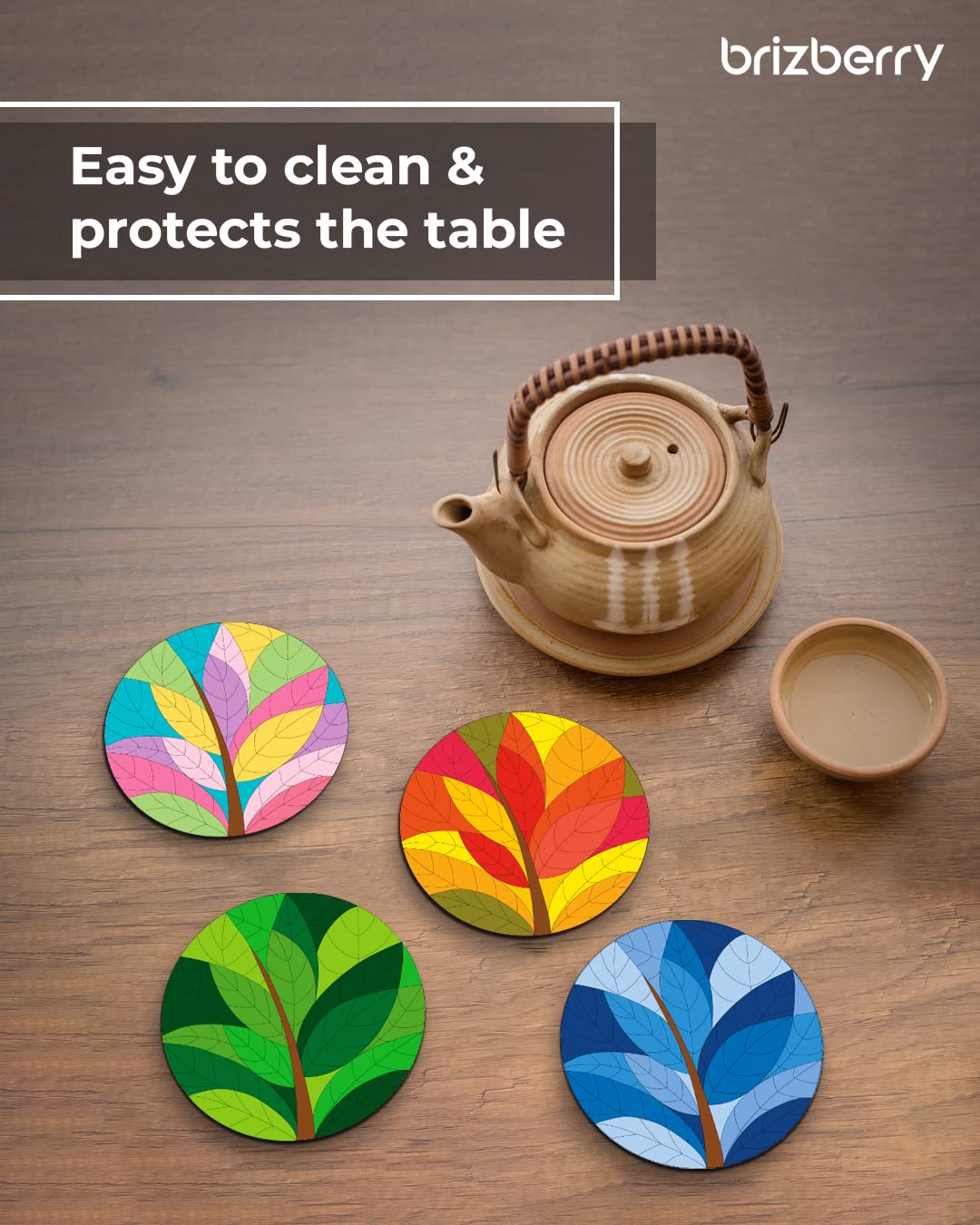 Premium Round Wooden Coasters Set of 4 - Vibrant Leaf Print, 3.5x3.5 Inch - Perfect for Coffee Mugs, Tea Cups & Glasses - Elegant Home Decor for Dining Table, Office Desk or Gift Giving
