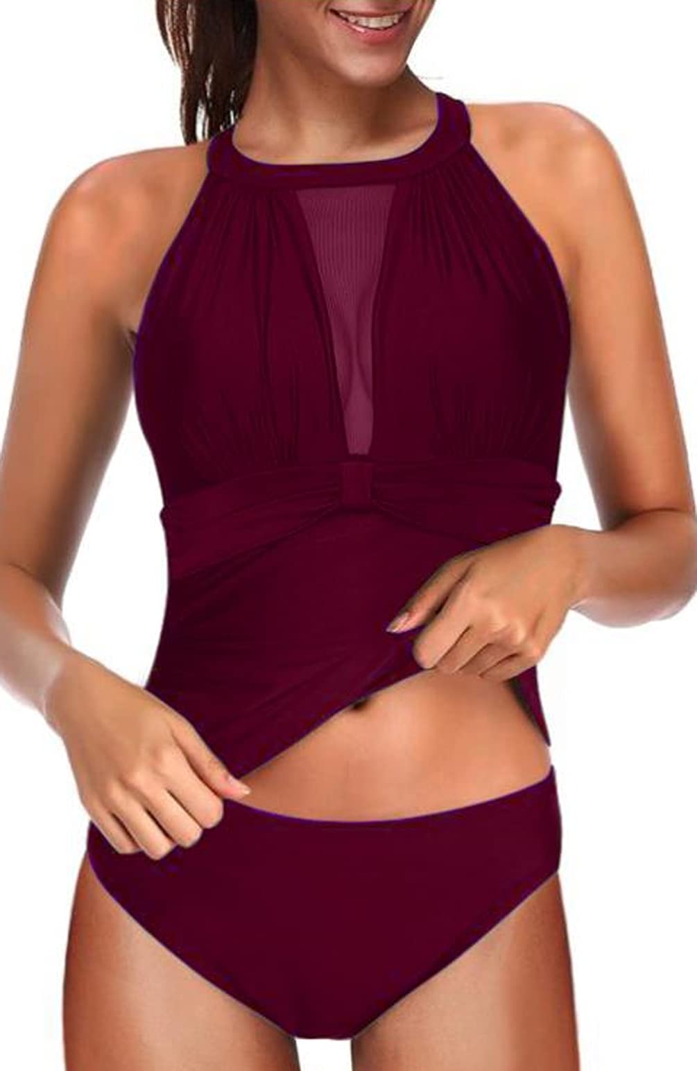 Eternatastic Women's High Neck Plunge Mesh Ruched Tankini Two Piece Swimsuit - Sexy Black Bathing Suit for Beach, Pool & Vacation