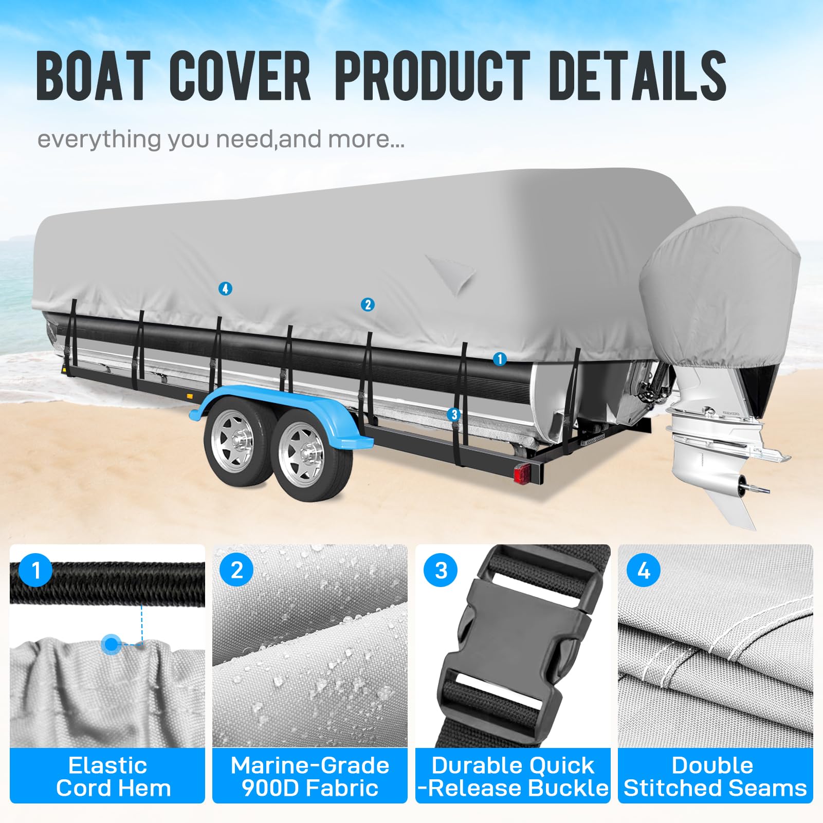 900D Waterproof Pontoon Boat Cover with Motor Cover - Heavy Duty Marine Grade Canvas for 17-20 FT Deck Boats (Gray) - Perfect for Outdoor Storage & Winter Protection