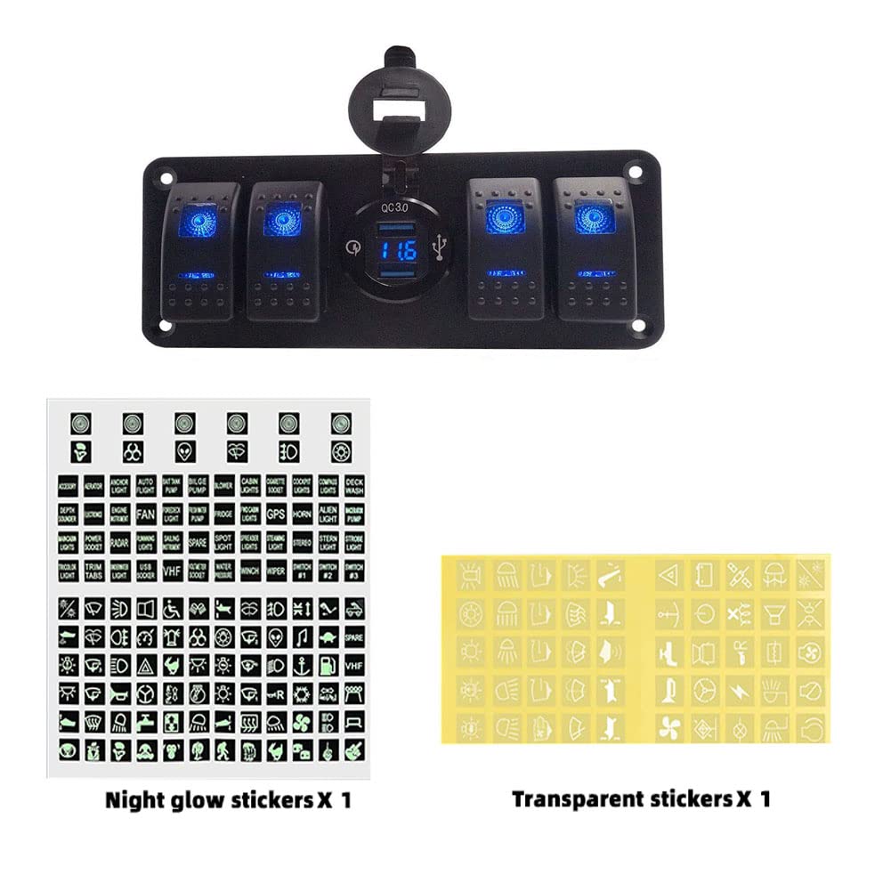 12V-24V DC Marine Switch Panel with Quick Charge Dual USB Ports & Voltmeter - Waterproof Rocker Switch for Boats, RVs, Trucks - Night Glow Stickers for Easy Night Use - Perfect for Marine, Camping & Off-Road Adventures