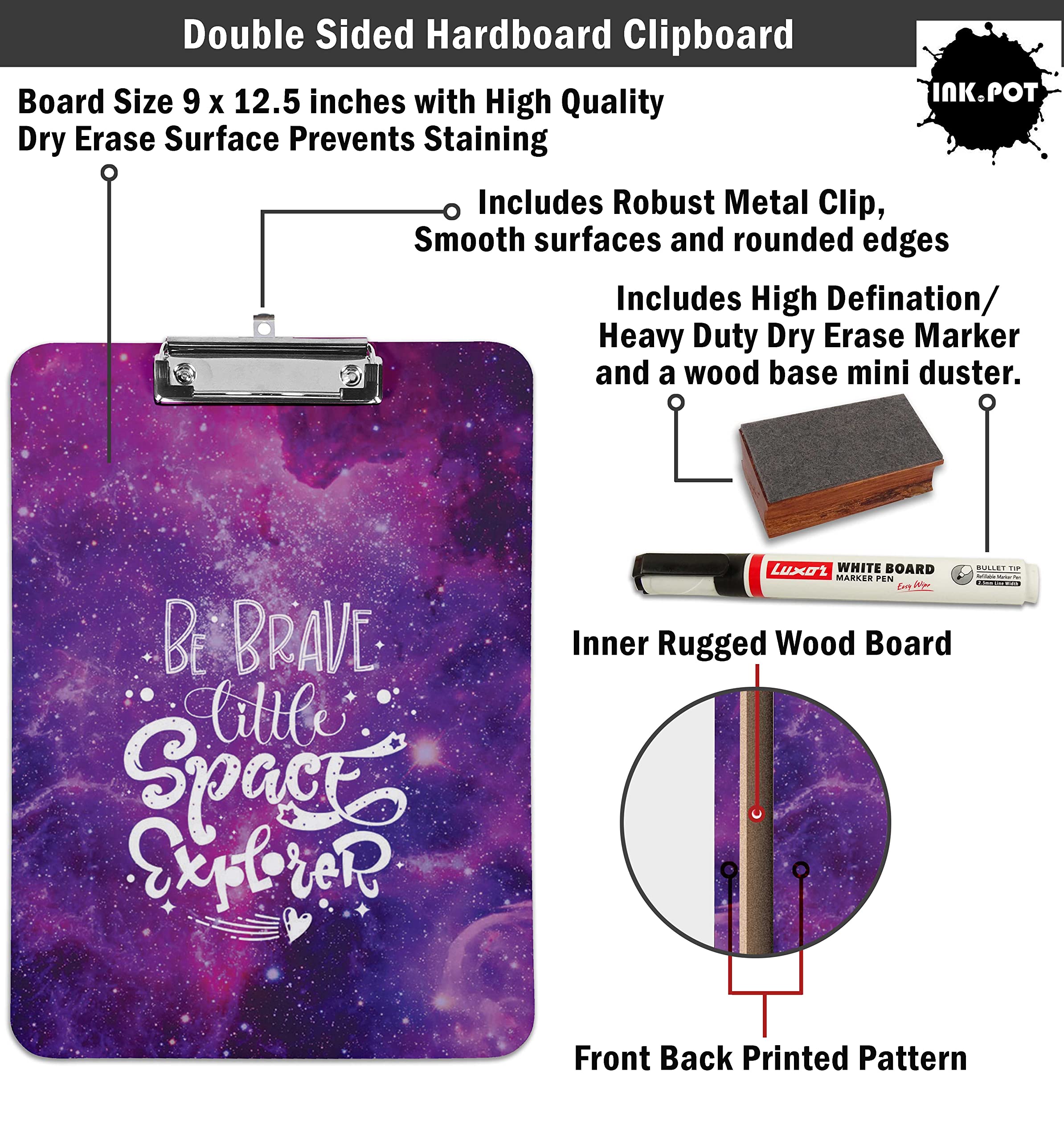 Double Sided Dry Erase Clipboard 9x12.5 - Letter Size with Free Marker & Duster for Office & School Use