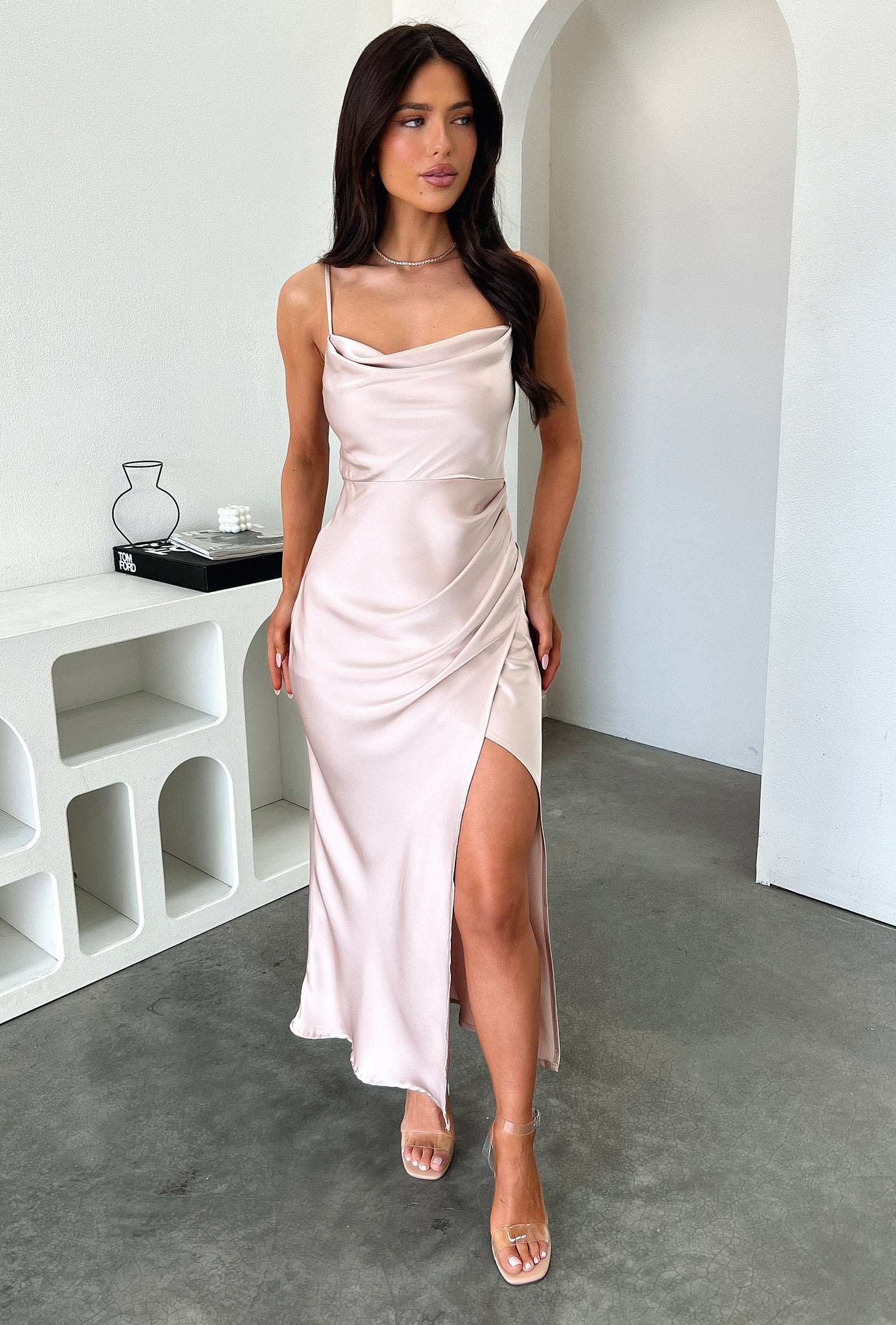 Evelyn Satin Cowl Neck Midi Dress in Champagne - Elegant Evening Gown for Weddings, Parties & Special Occasions