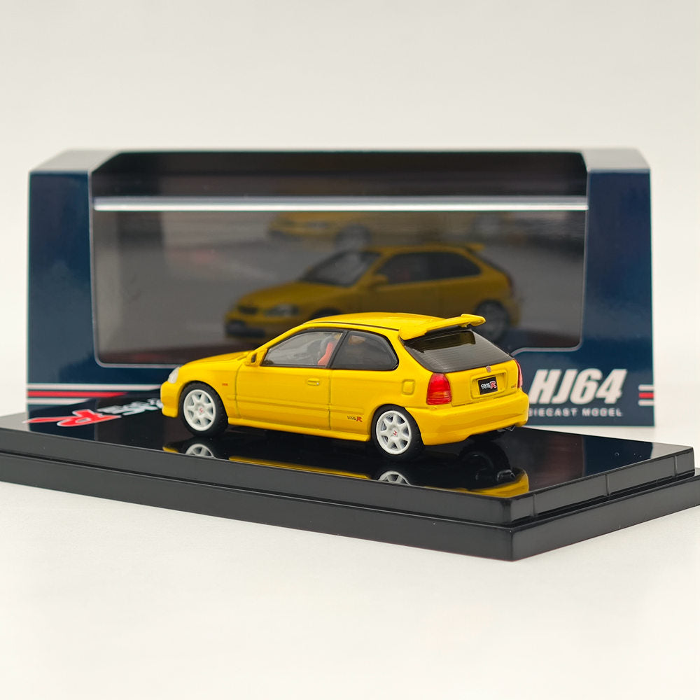 1/64 Honda Civic Type R (EK9) 1997 Sunlight Yellow Diecast Model Car with Engine - Collectible Hobby Japan HJ643016AY - Perfect for Car Enthusiasts & Display Collections