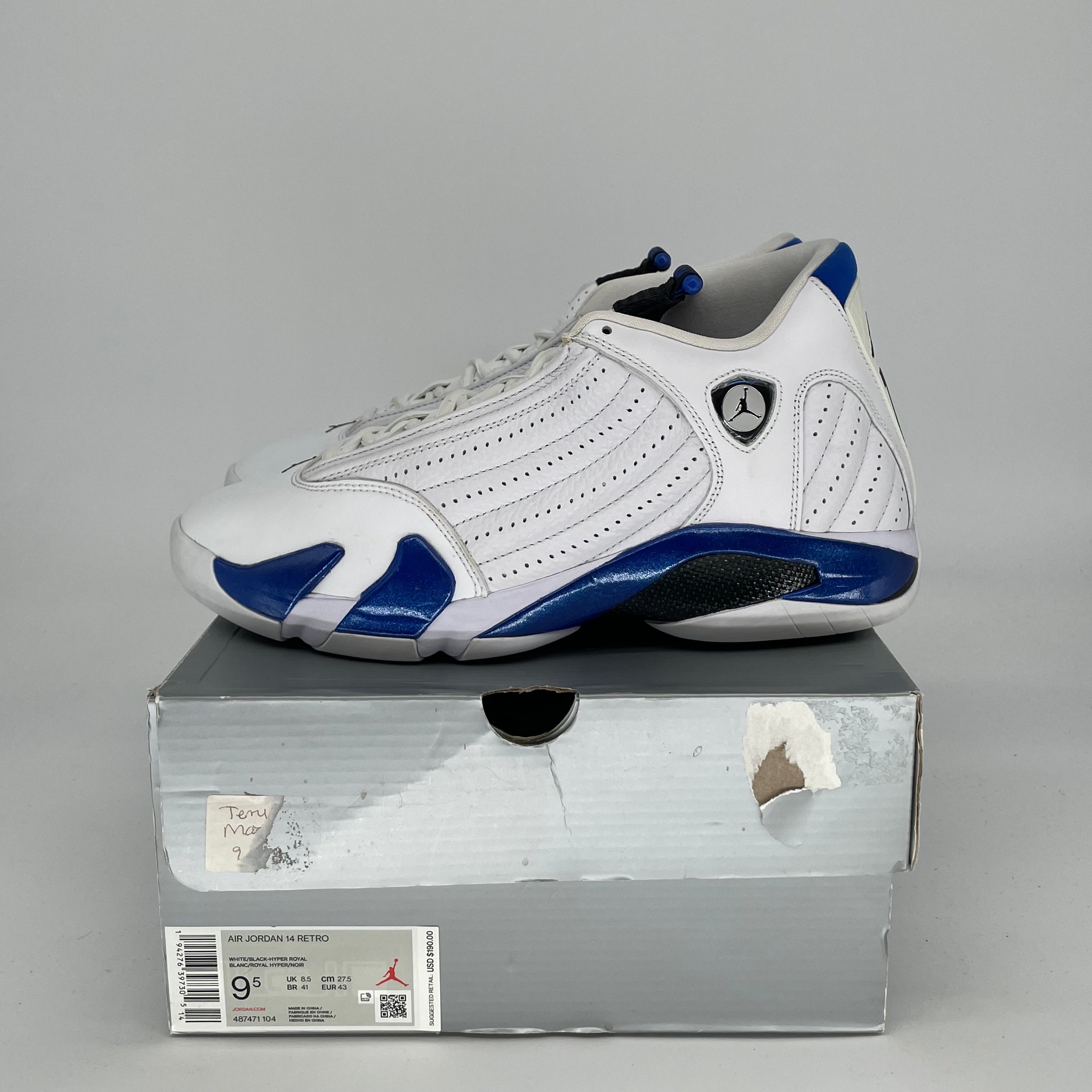 AIR JORDAN 14 Retro Sneakers - White Hyper Royal Basketball Shoes - Men's Size 9.5/Women's 11 - Style Code 487471-104 - Perfect for Streetwear & Court Performance