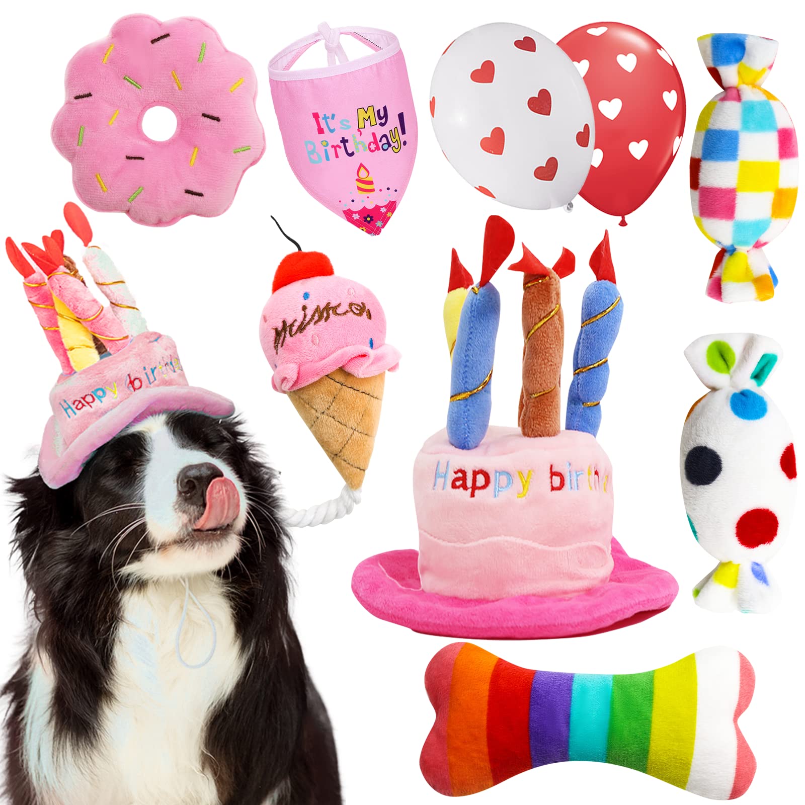 Happy Birthday Dog Toys - 9 Pack Pink Squeaky Plush Birthday Cake Hat & Bandana Set for Small & Medium Dogs | Perfect for Dog Birthday Parties, Puppy Celebrations & Gift Giving Occasions