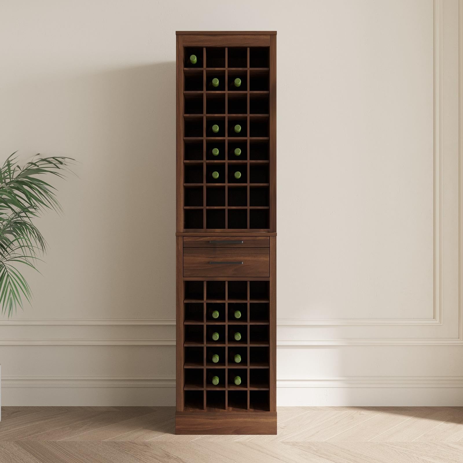 Modern Sleek Design Modular Wine Cabinet for Dining Room - 32-Bottle Storage, Walnut Brown - Perfect for Home Bar, Wine Cellar & Entertaining Guests