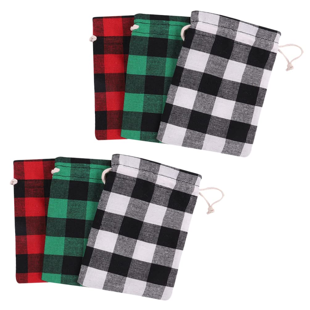 VALICLUD 6pcs Christmas Mini Gift Bags - Cotton Linen Drawstring Pouches with Plaid Design for Holiday Presents, Candy & Party Favors - Perfect for Xmas Stocking Stuffers, Gift Wrapping & Festive Celebrations
