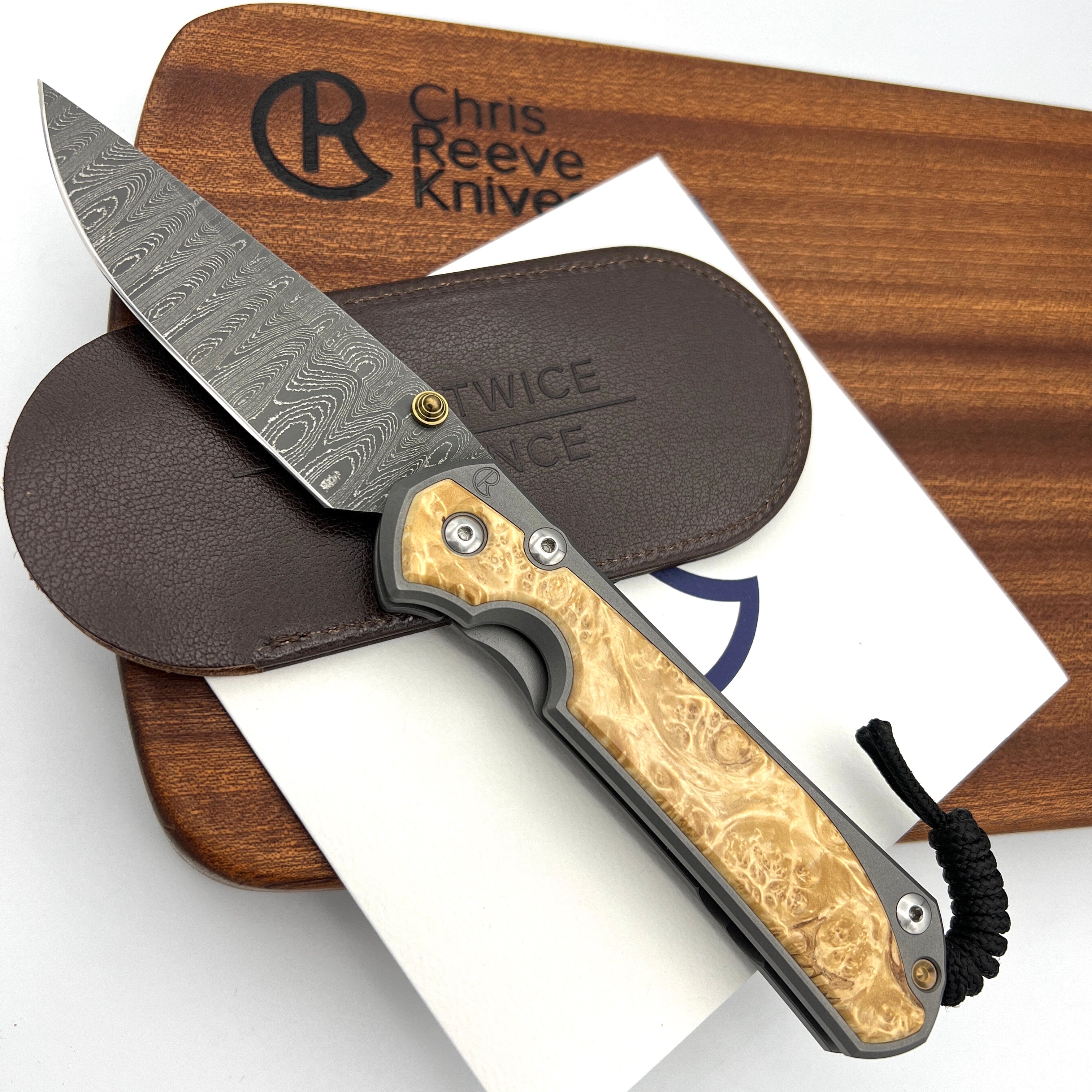Chris Reeve Knives Large Sebenza 31 Folding Pocket Knife - Drop Point Blade, Box Elder Wood Inlay & Ladder Damascus Steel - EDC, Camping, Hunting & Outdoor Survival Tool