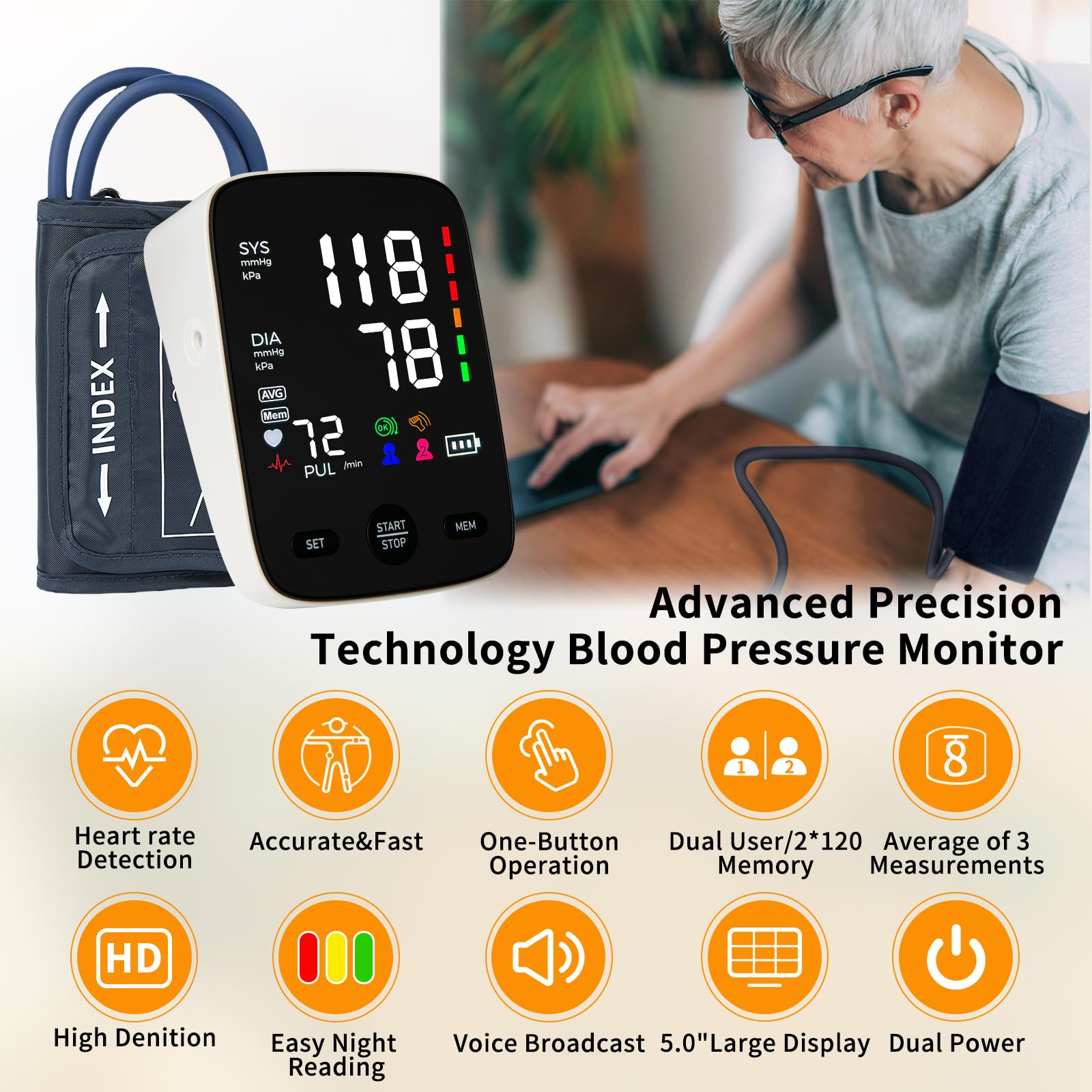 Automatic Upper Arm Blood Pressure Monitor with Large Backlit Display - 2x120 Memory, Adjustable Cuff (9-17 Inch), Arrhythmia Detection - Home Use for Hypertension & Heart Health Monitoring